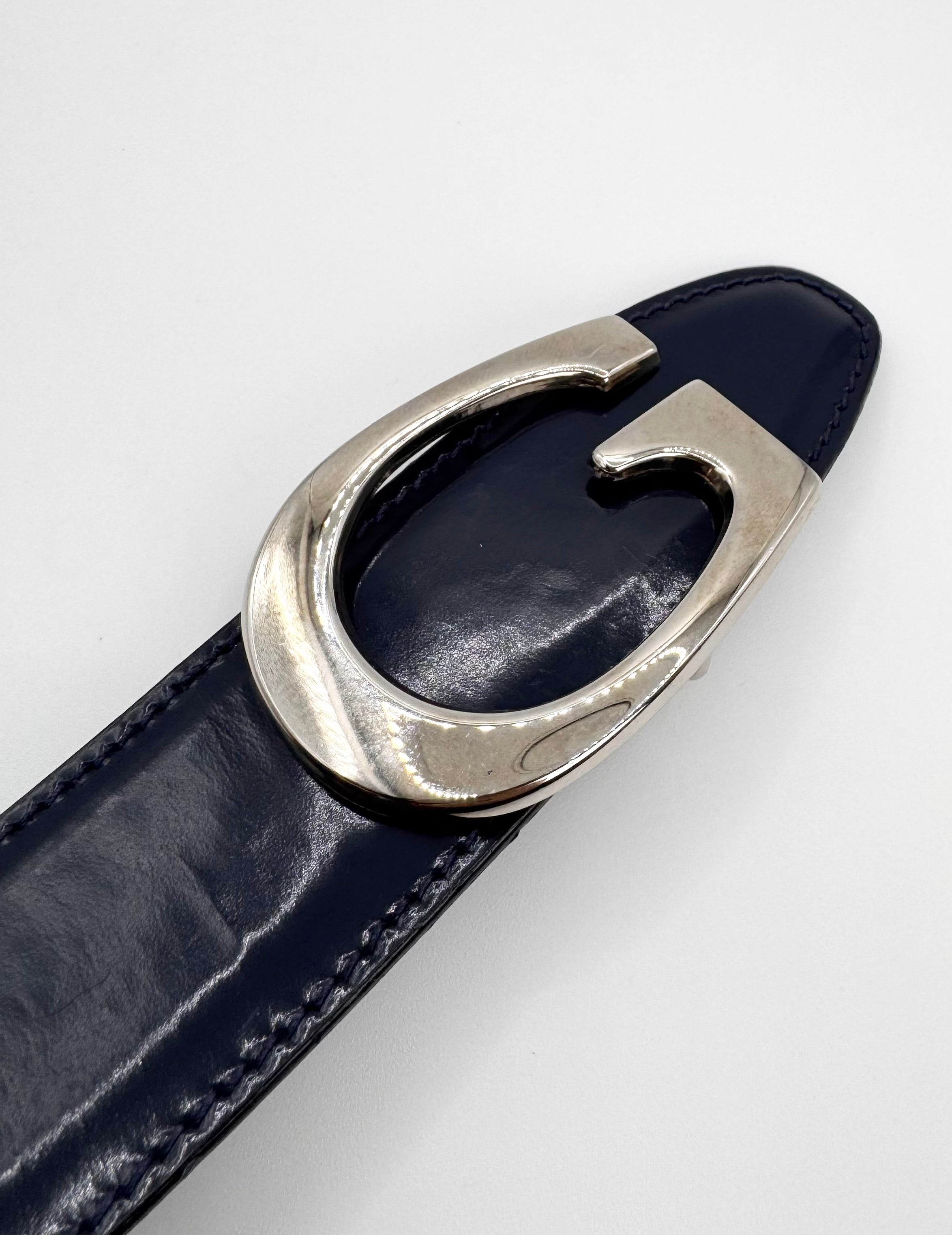 2000s Gucci Tom Ford Single ‘G’ Buckle Navy Patent Leather Belt
