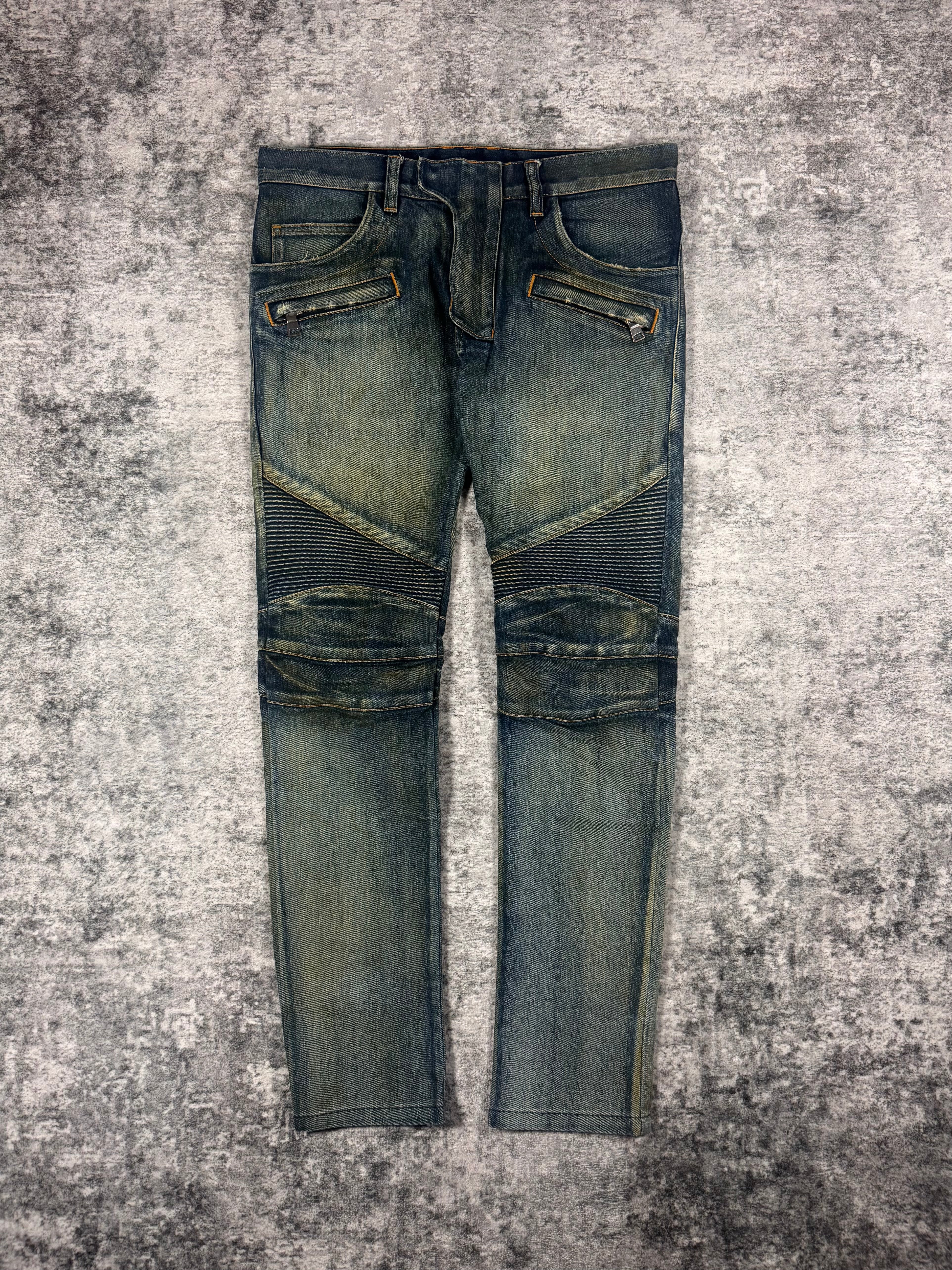FW15 Balmain Homme Olivier Rousteing Indigo ‘Dirt Stain’ Biker Denim