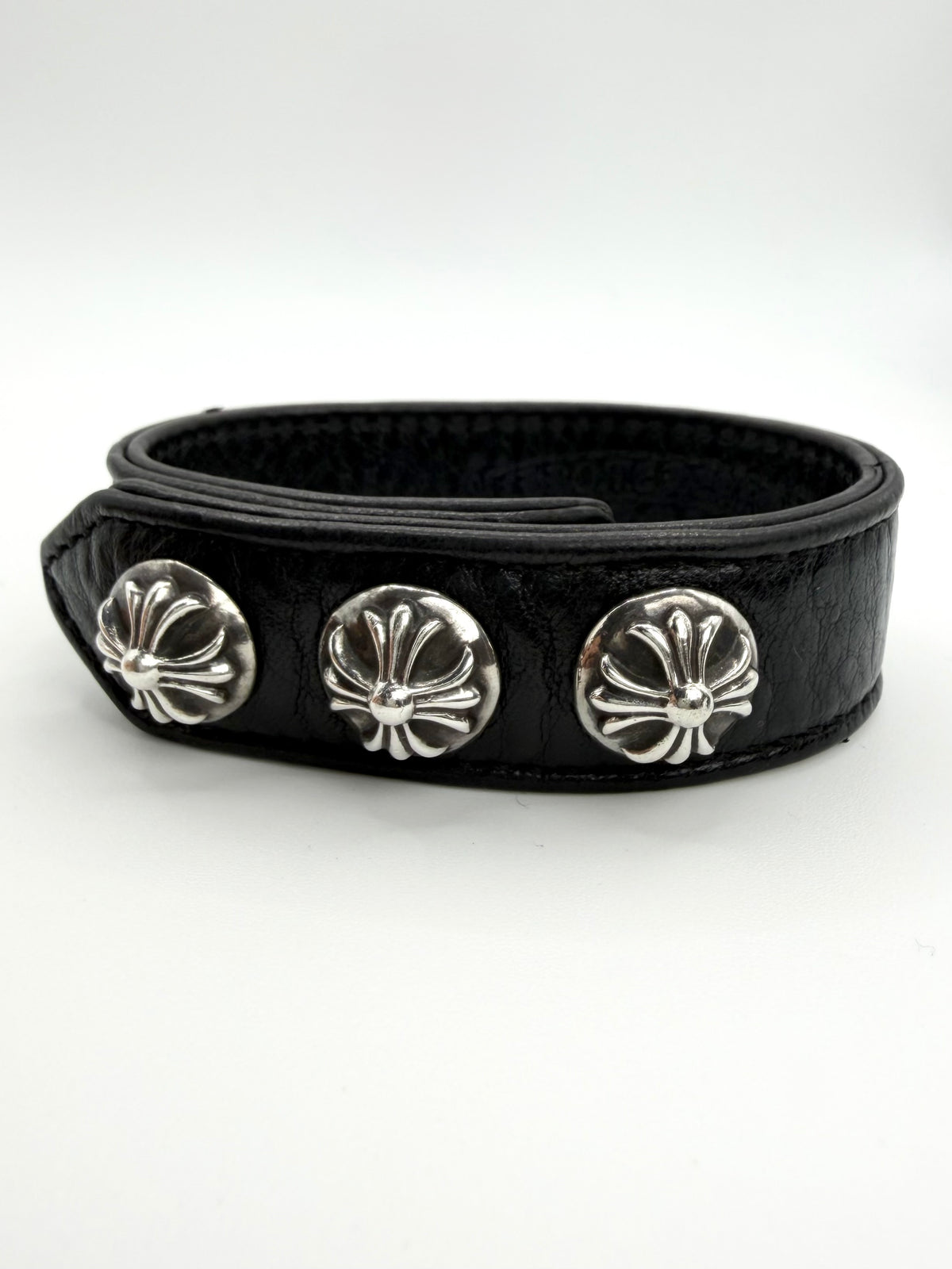 Chrome Hearts Triple Crossball Studded Black Leather Bracelet
