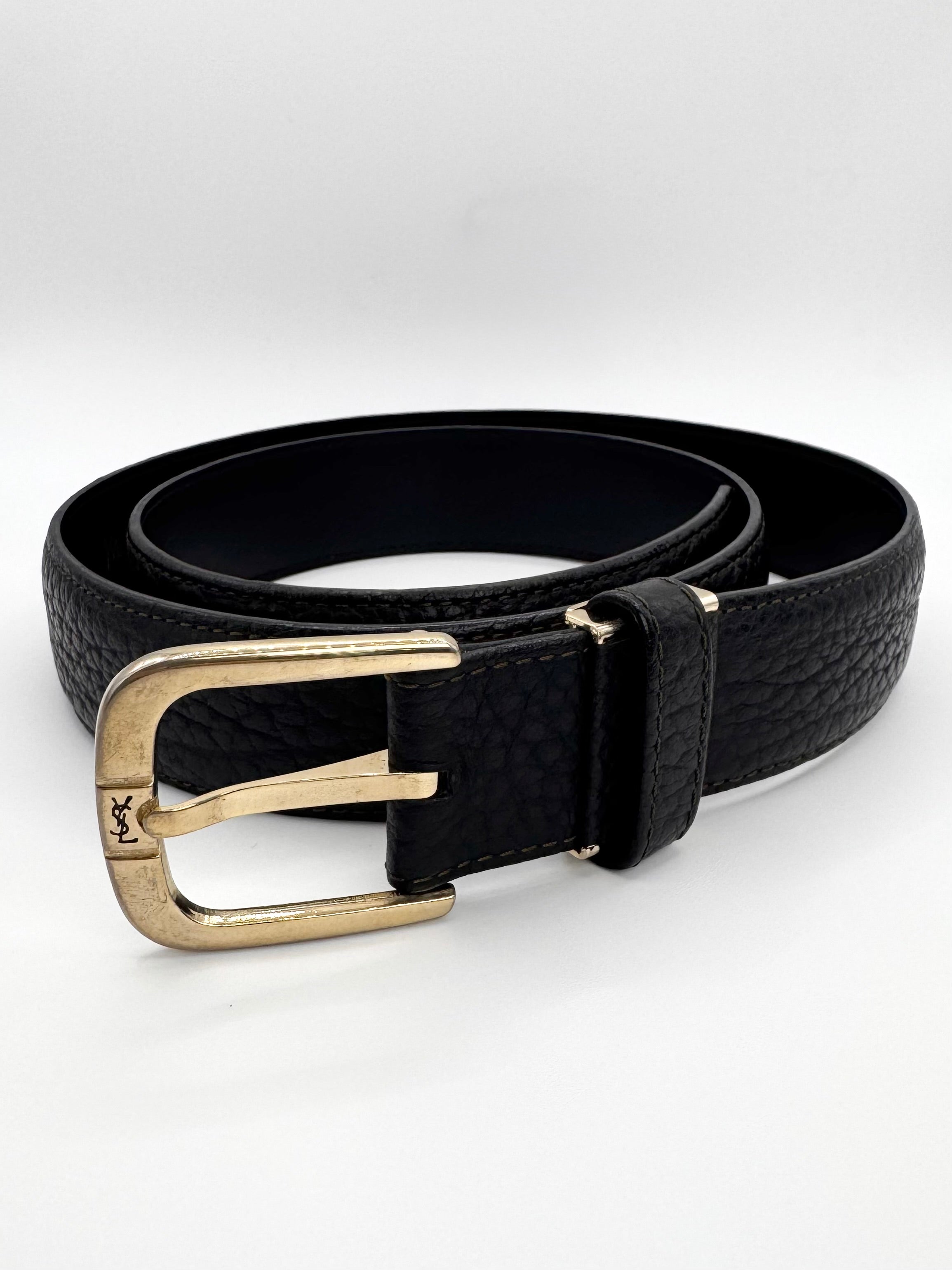 2000s Yves Saint Laurent Grained Calfskin Leather Logo Buckle Belt