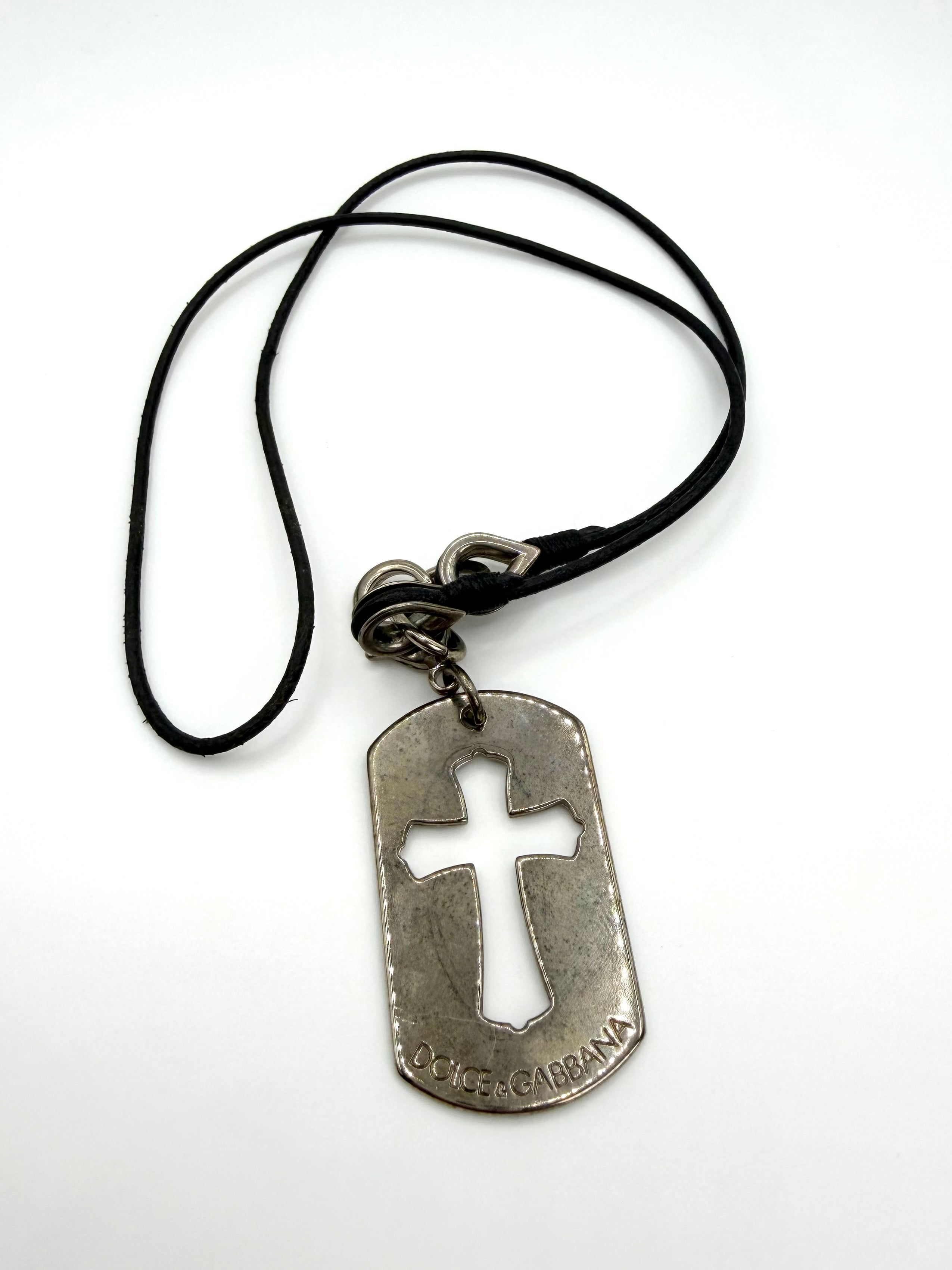 2000s Dolce & Gabbana ‘Cut-Out Cross’ Dog Tag Leather Cord Necklace