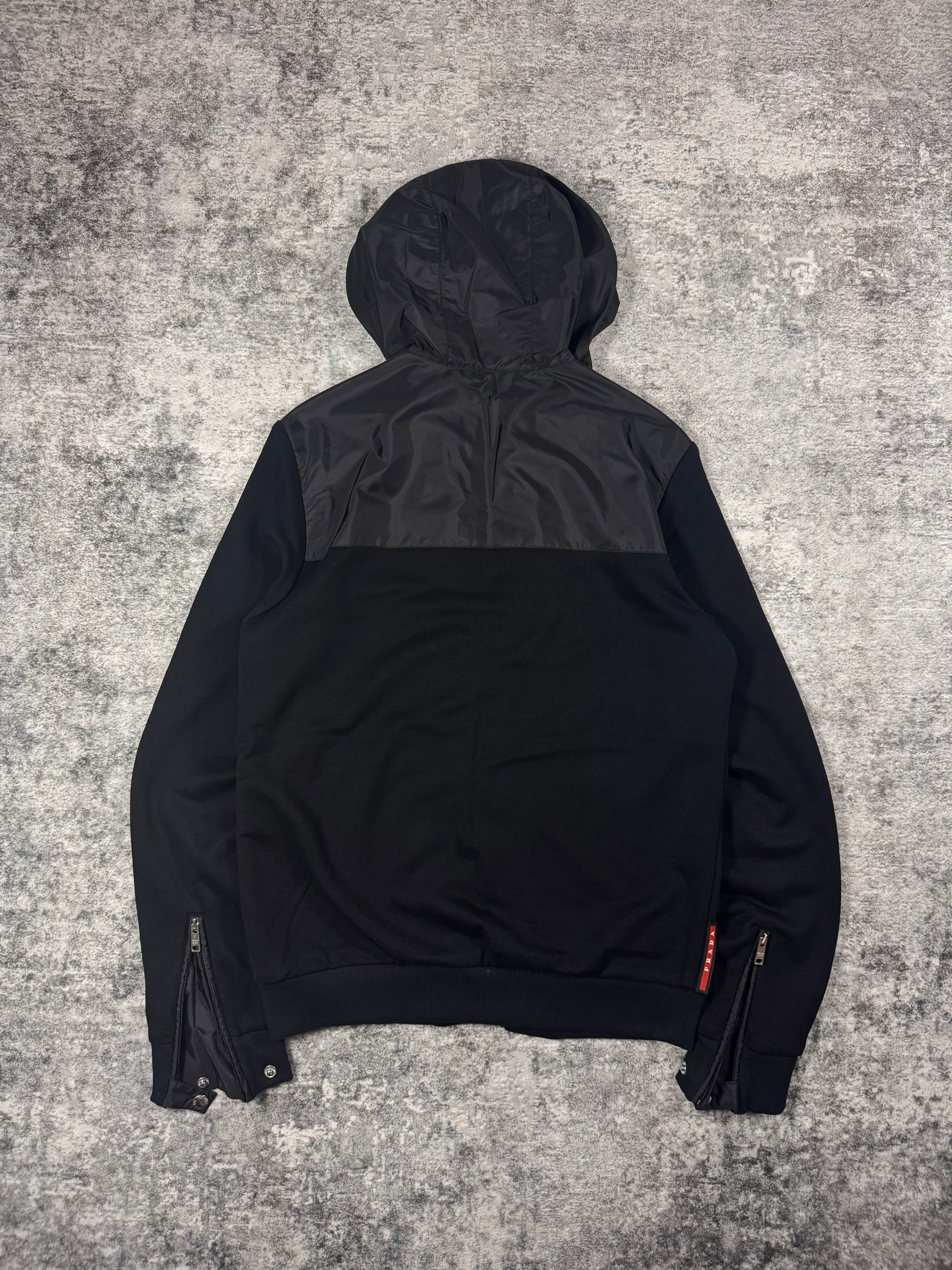 FW16 Prada Sport Black Hybrid Nylon Hood Zip-Up