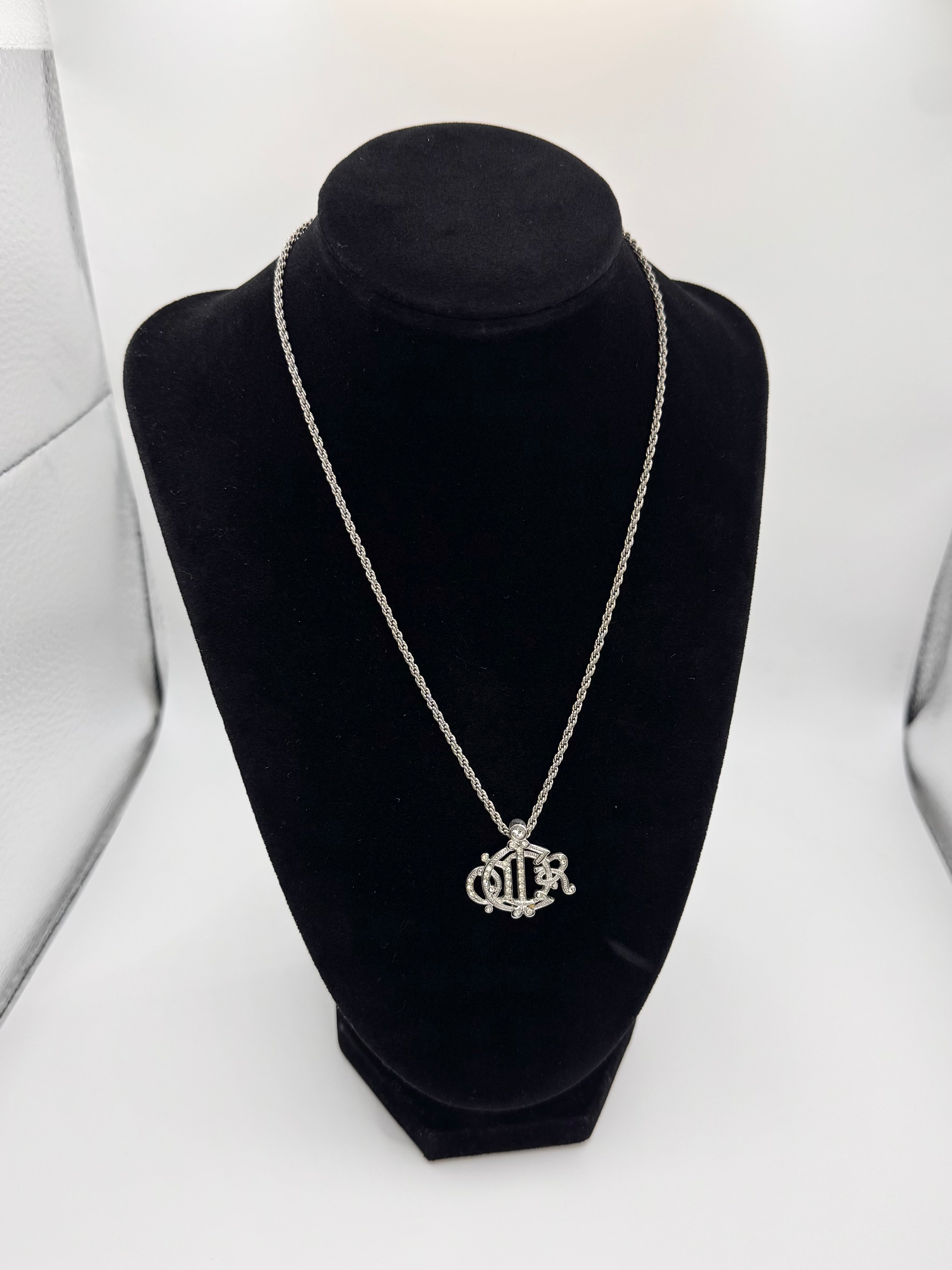 2000s Christian Dior ‘Crystalized Emblem’ Logo Silver Necklace