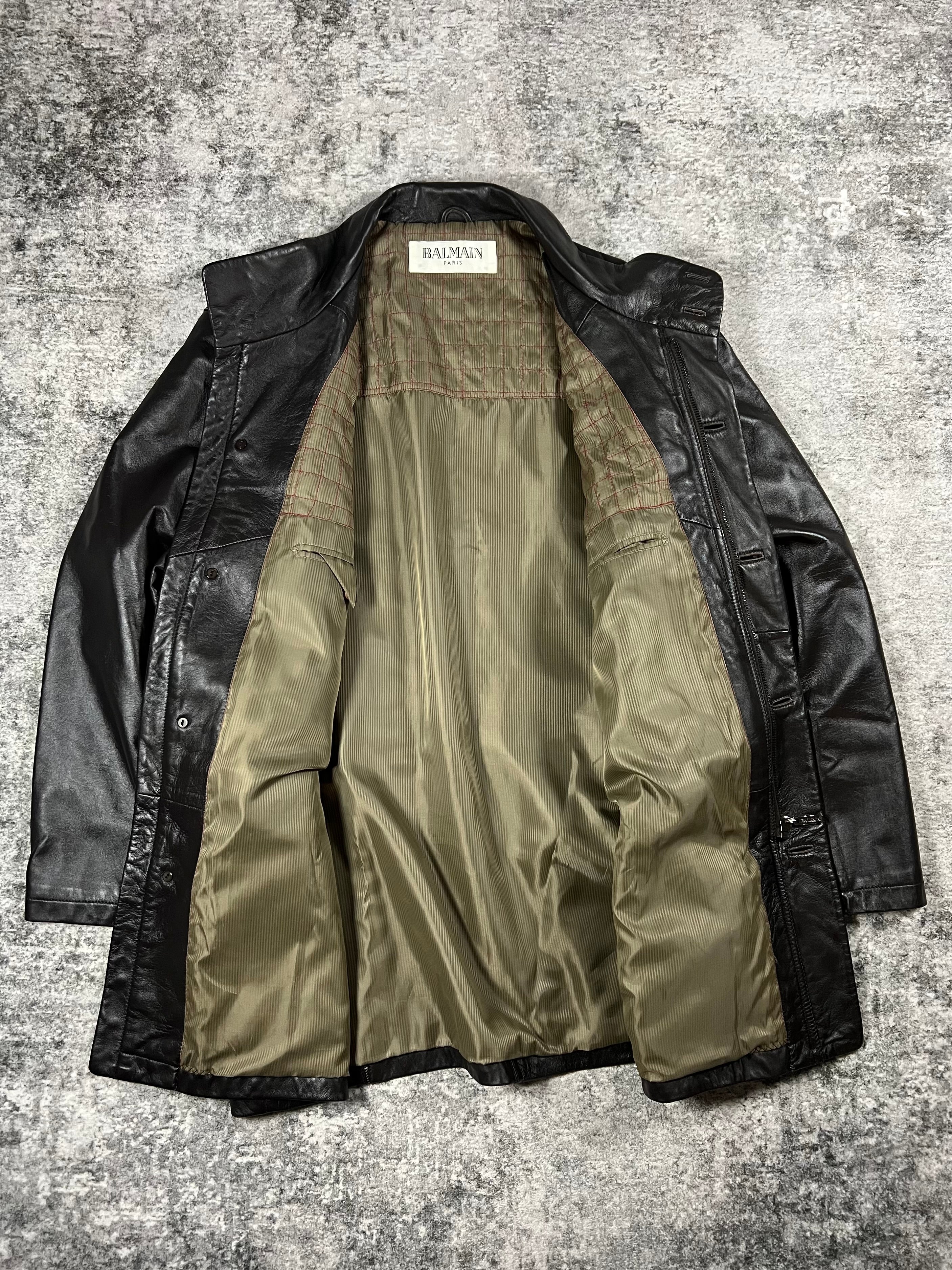 2000s Balmain Laurent Mercier Vintage Black Lamb Leather Coat