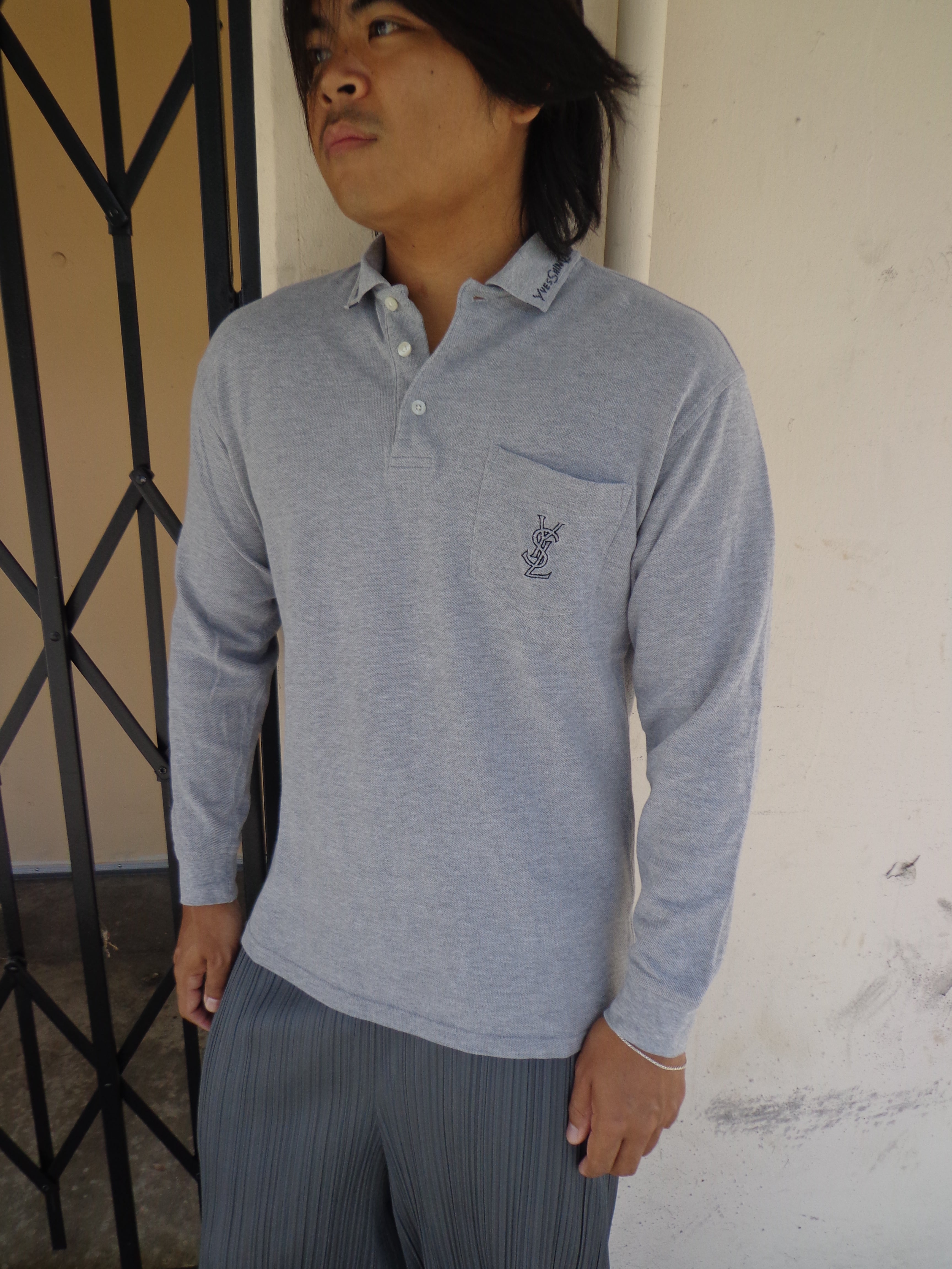 2000s Yves Saint Laurent Embroidered Collar Long Sleeve Polo