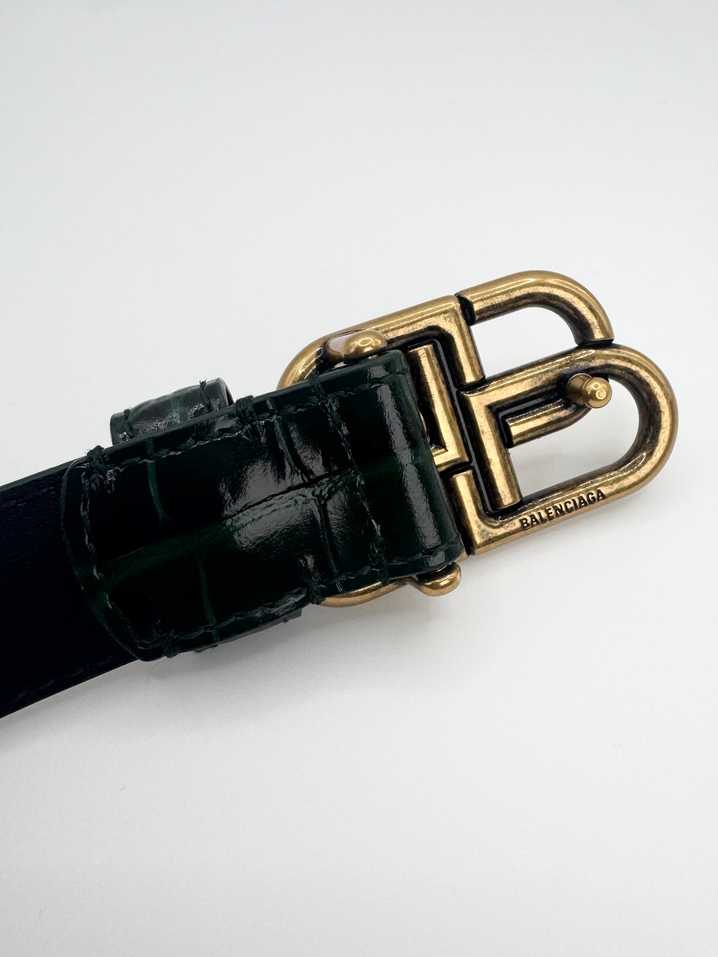 Balenciaga Green ‘BB’ Buckle Croc-Embossed Leather Belt