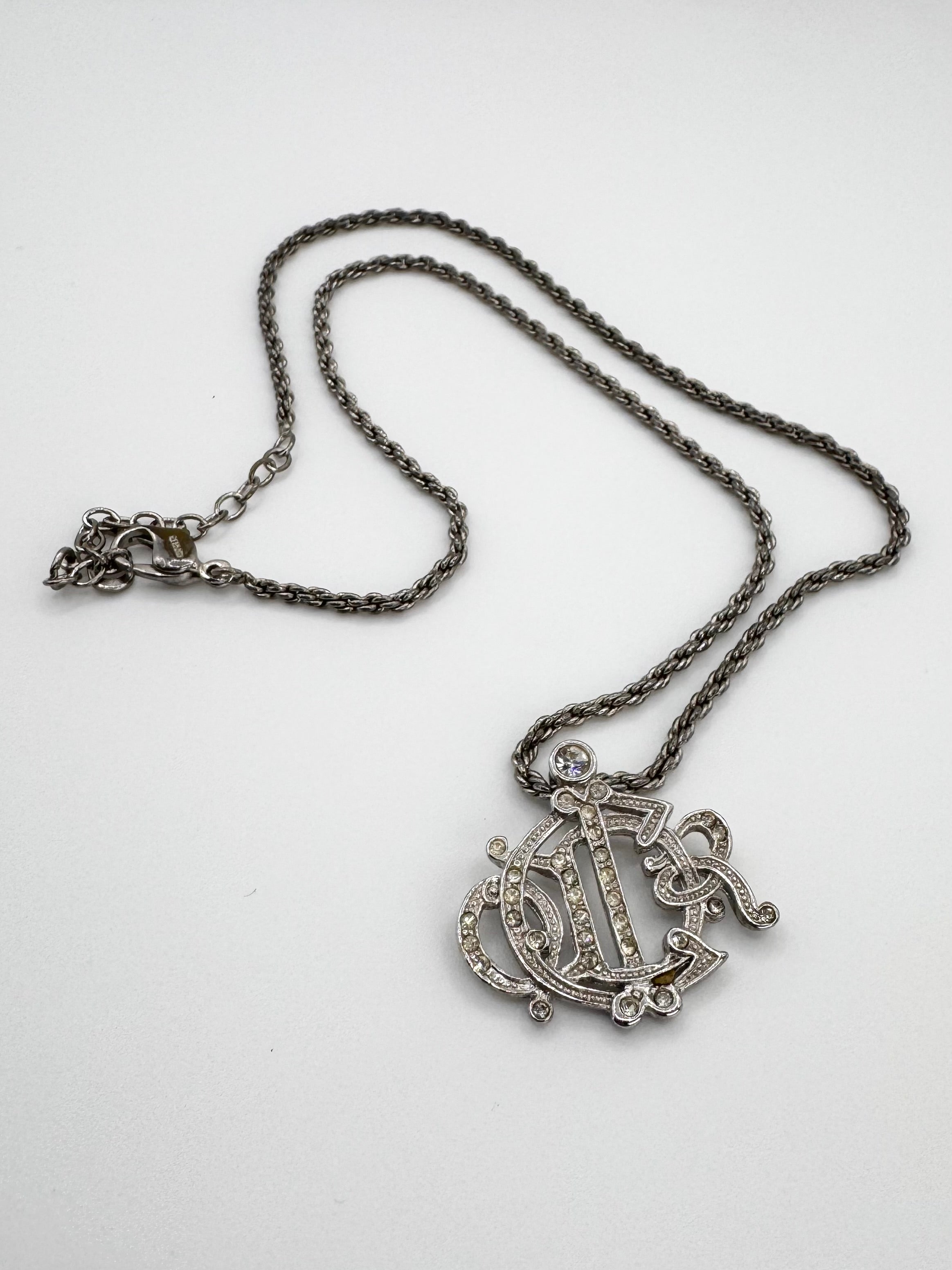 2000s Christian Dior ‘Crystalized Emblem’ Logo Silver Necklace