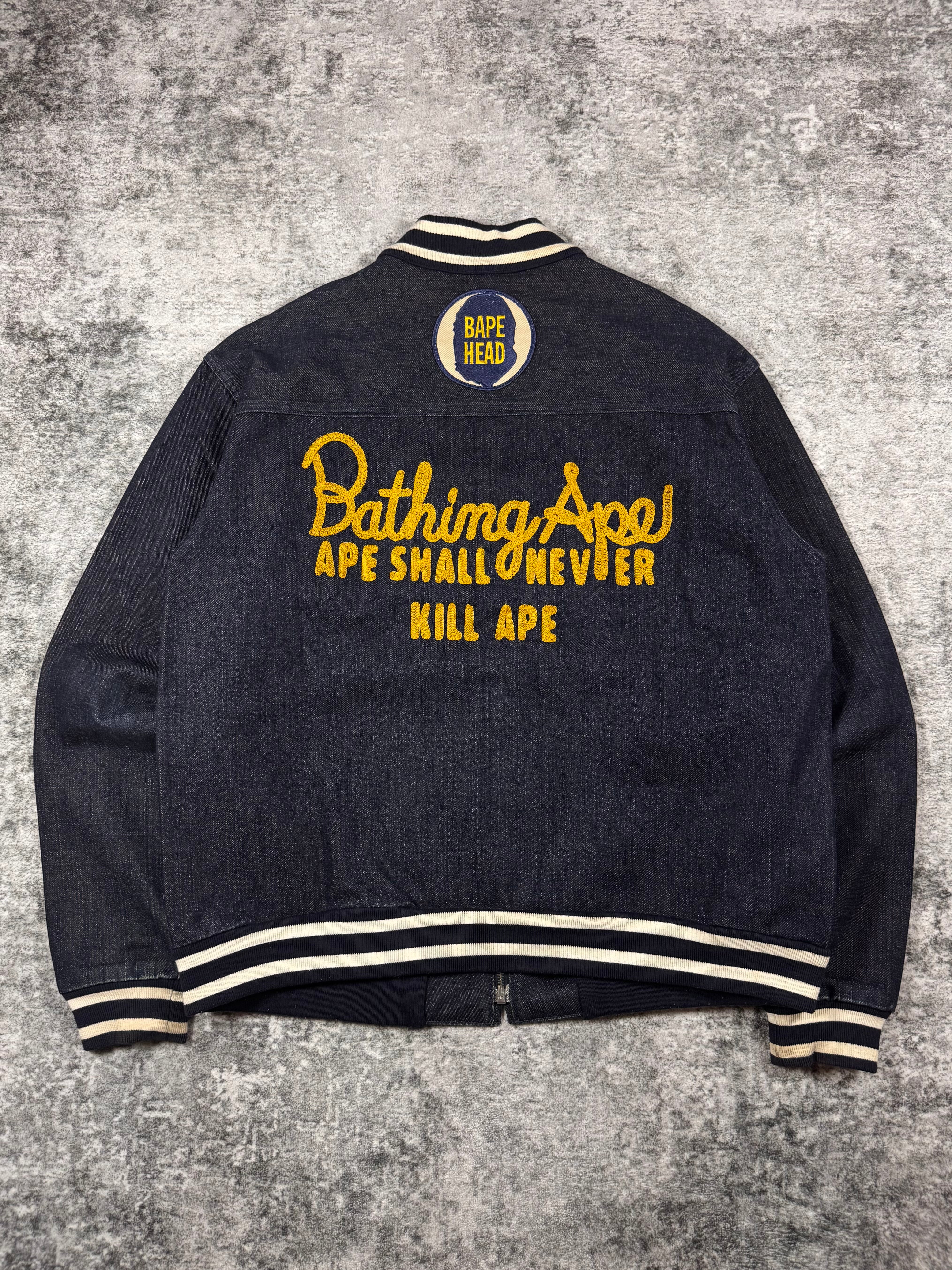 2000s A Bathing Ape ‘Ape Head’ Embroidery Selvedge Denim Varsity Jacket