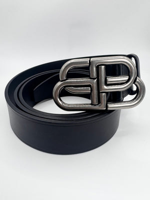 Balenciaga BB logo leather belt with antique silver interlocking buckle on white background