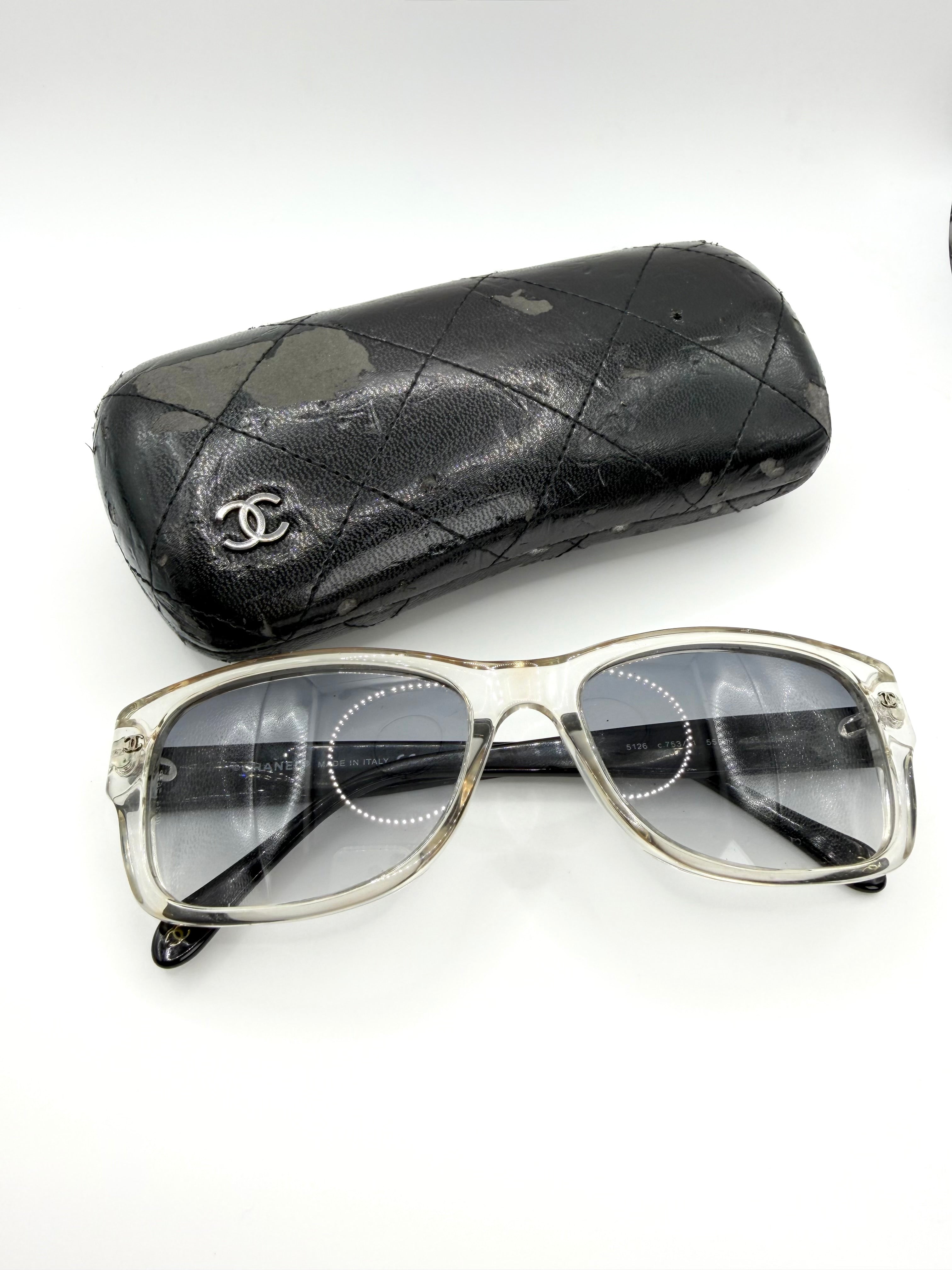 2010s Chanel ‘5126’ Quilted Arm Clear Frame Sunglasses