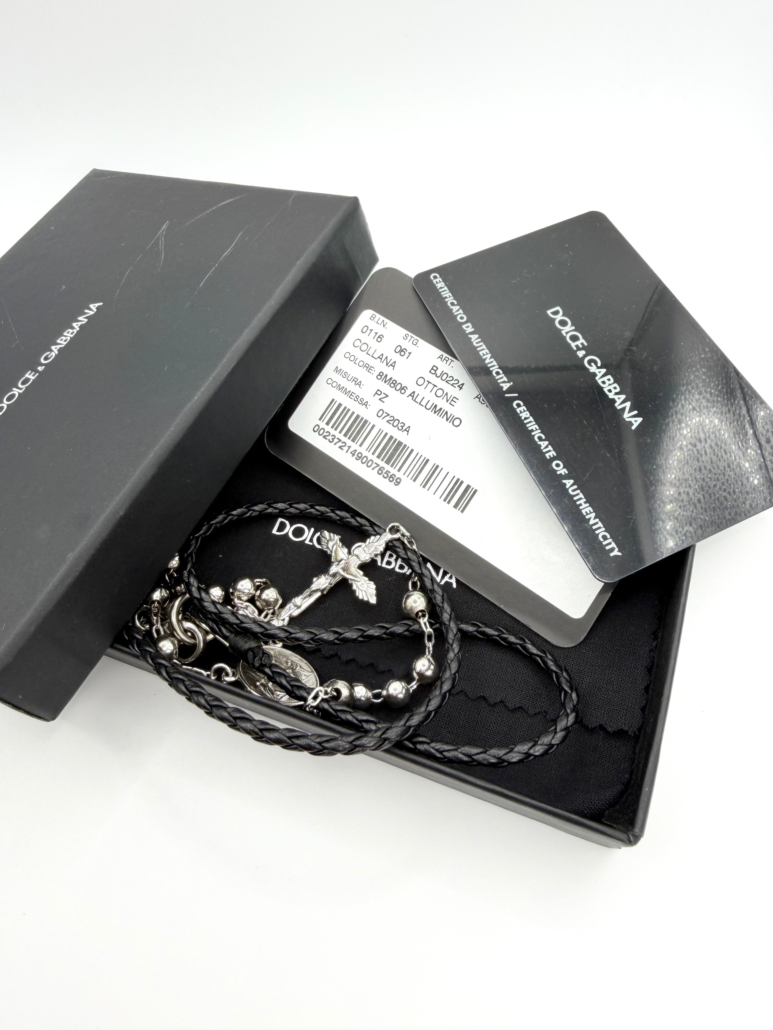 2000s Dolce & Gabbana Silver-Tone Braided Leather Rosary Necklace