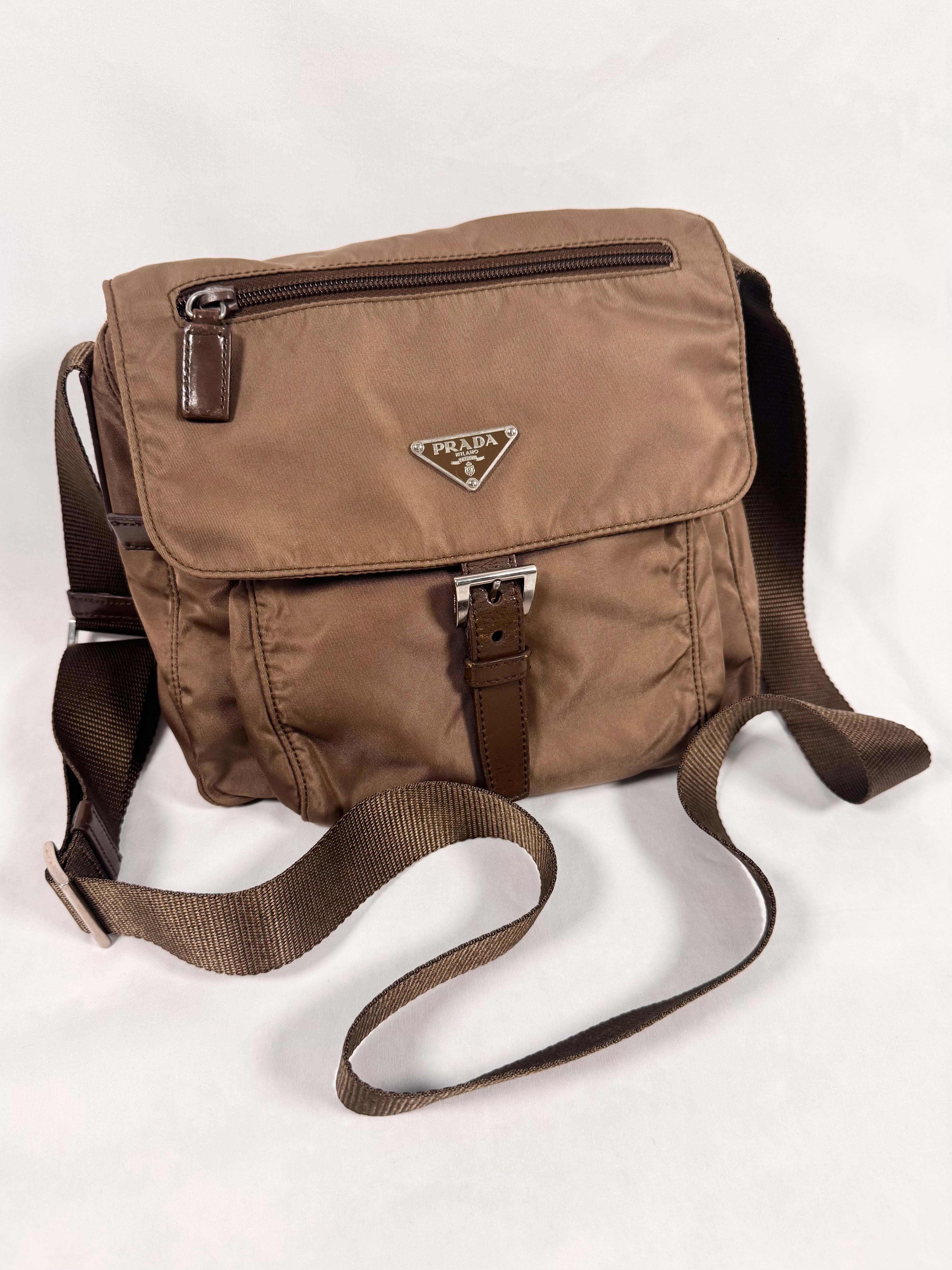 2000s Prada Milano Ash Brown Nylon Crossbody Bag
