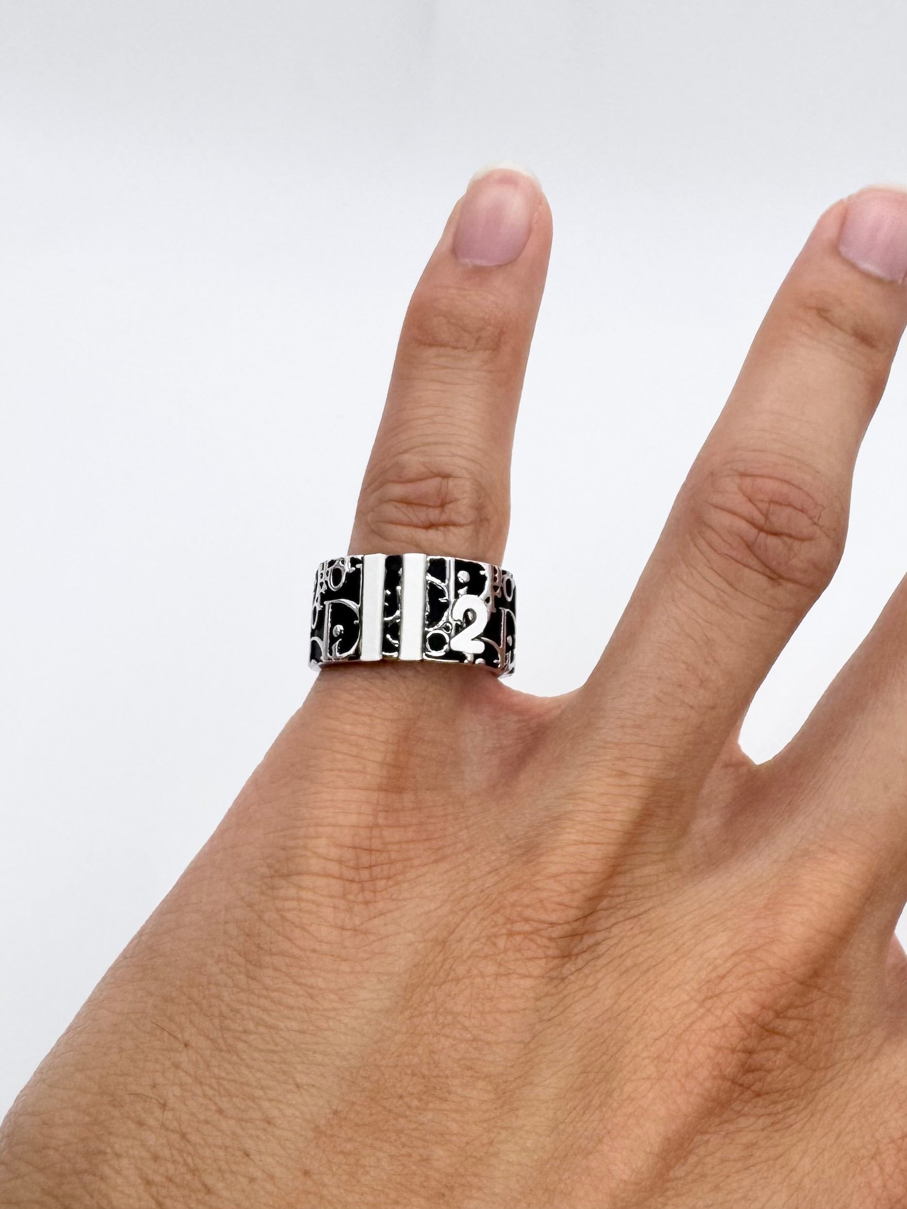 2000s Christian Dior Black ‘Trotter’ Monogram Enamel Band Ring