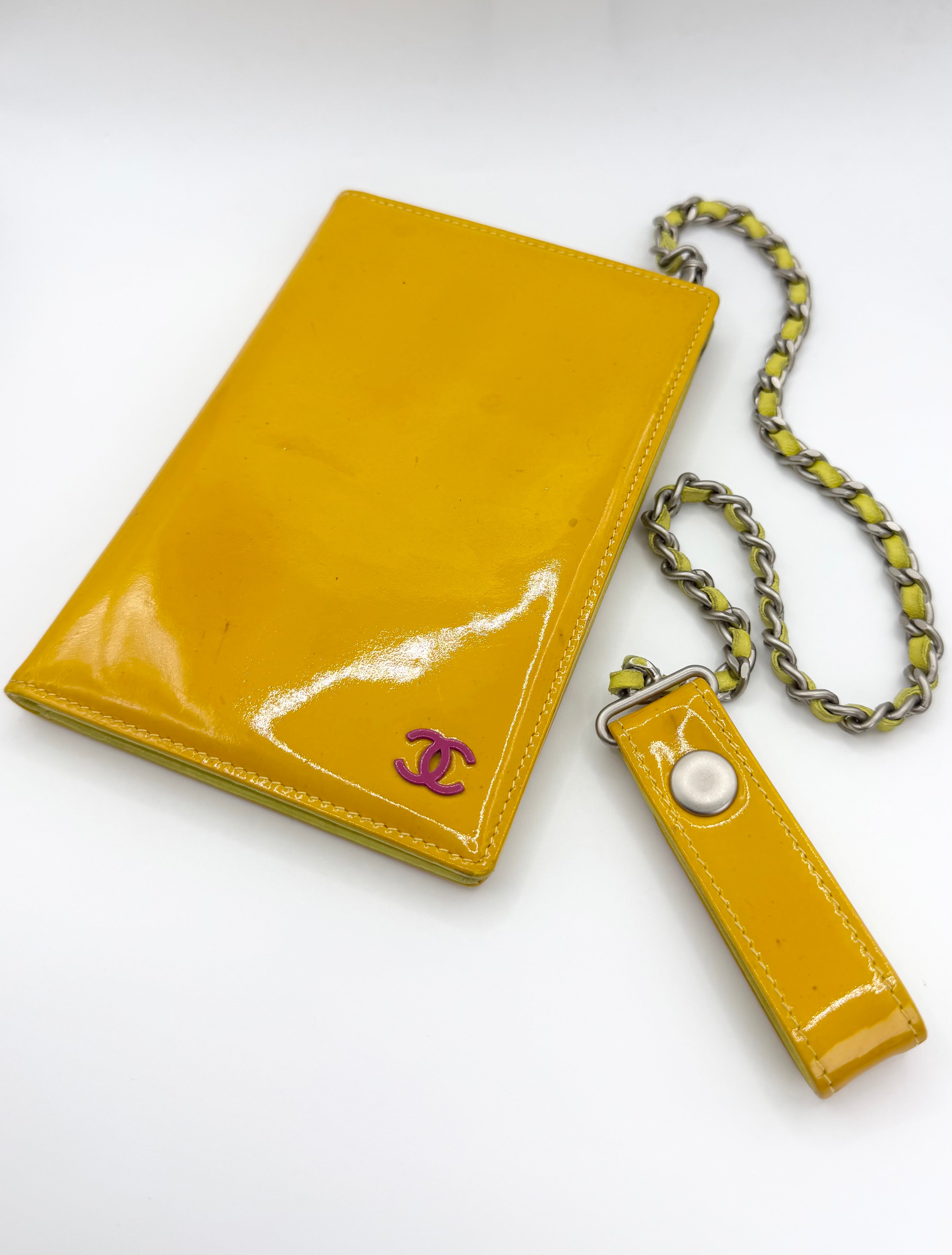 2000s Chanel ‘CC’ Yellow Patent Leather Chain Strap Wallet