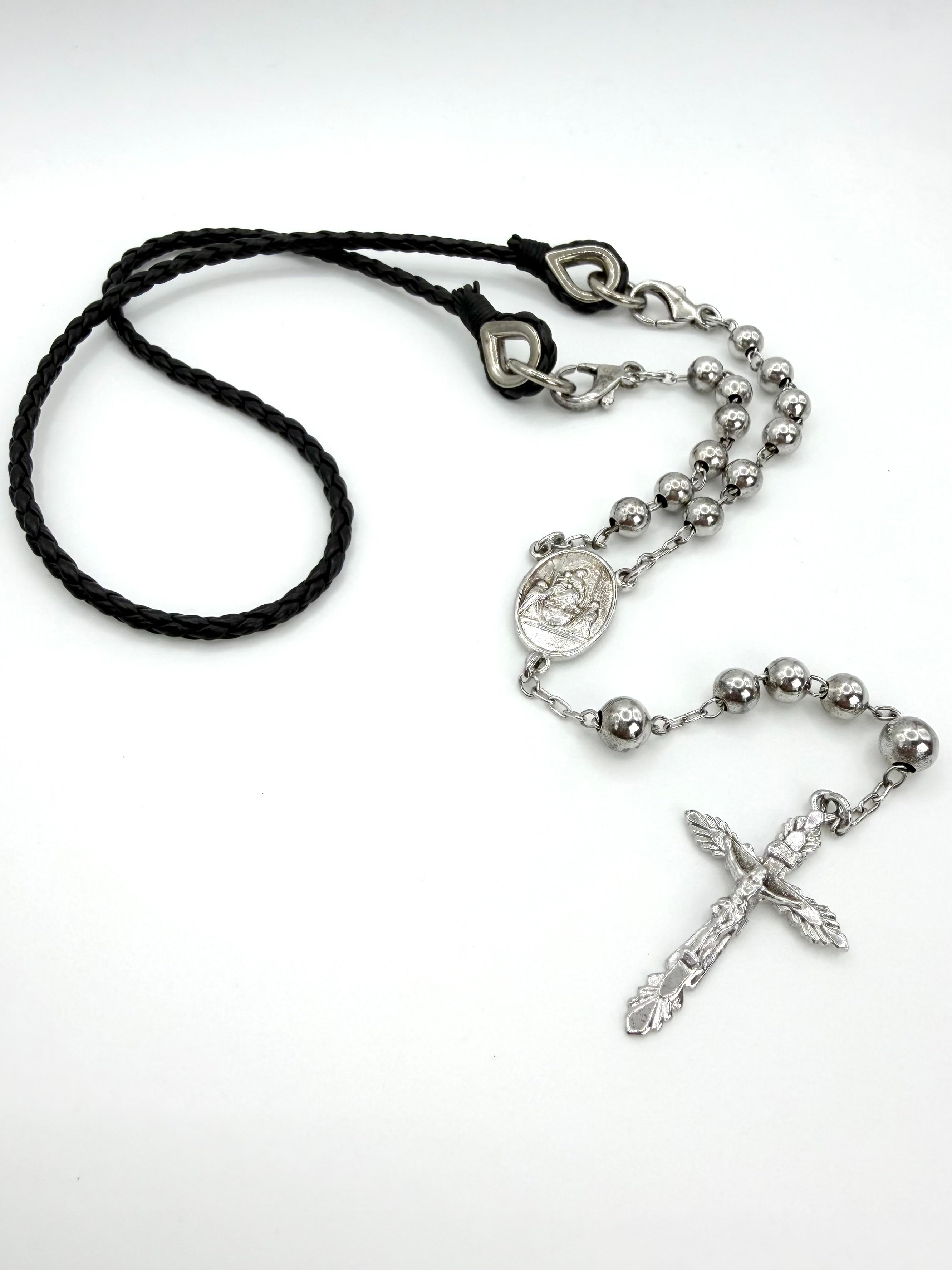 2000s Dolce & Gabbana Silver-Tone Braided Leather Rosary Necklace