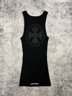 Chrome Hearts black ribbed tank top with tonal cemetery cross graphic on back, white Chrome Hearts hem logo, size Medium.