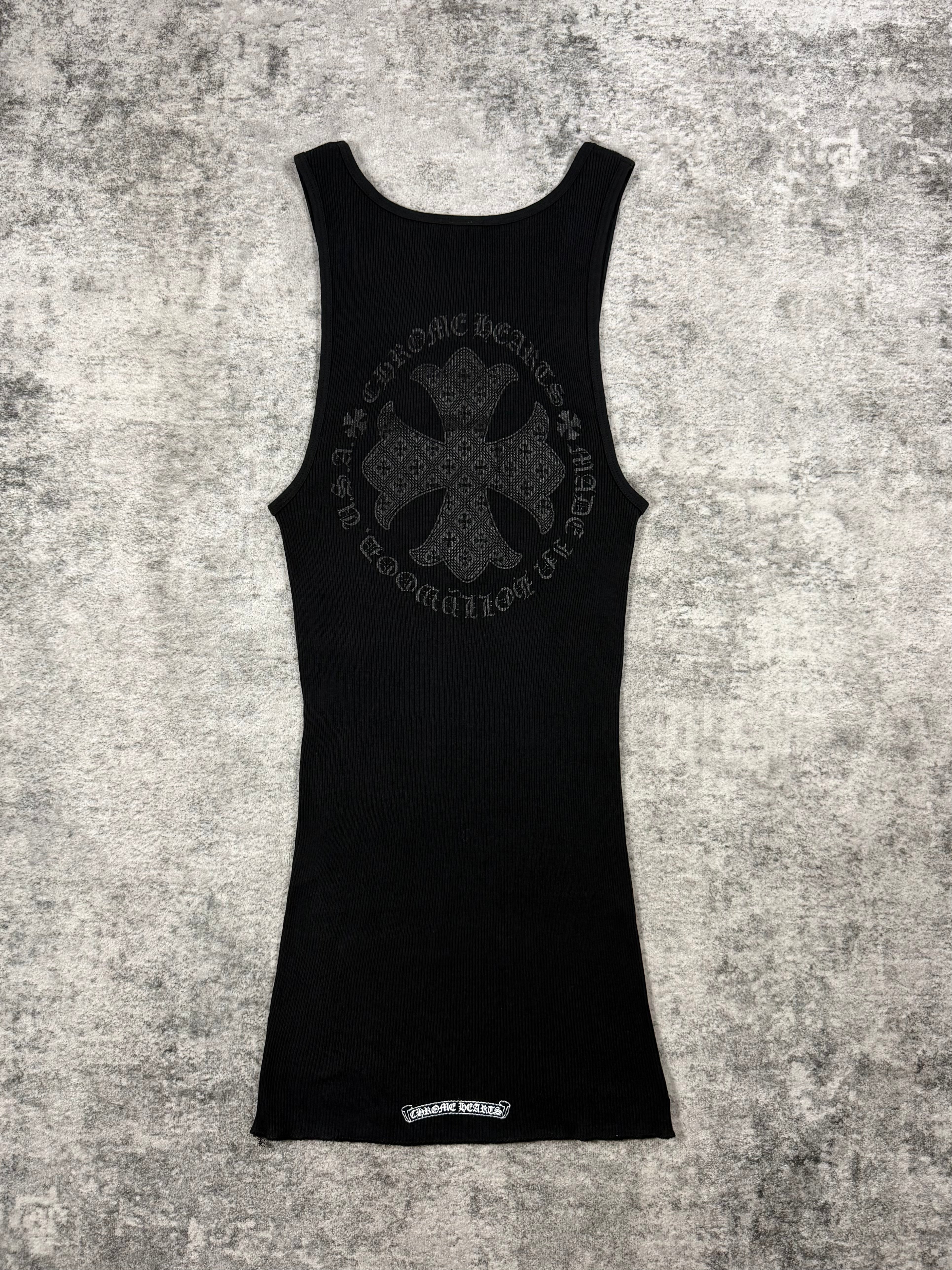 Chrome Hearts black ribbed tank top with tonal cemetery cross graphic on back, white Chrome Hearts hem logo, size Medium.