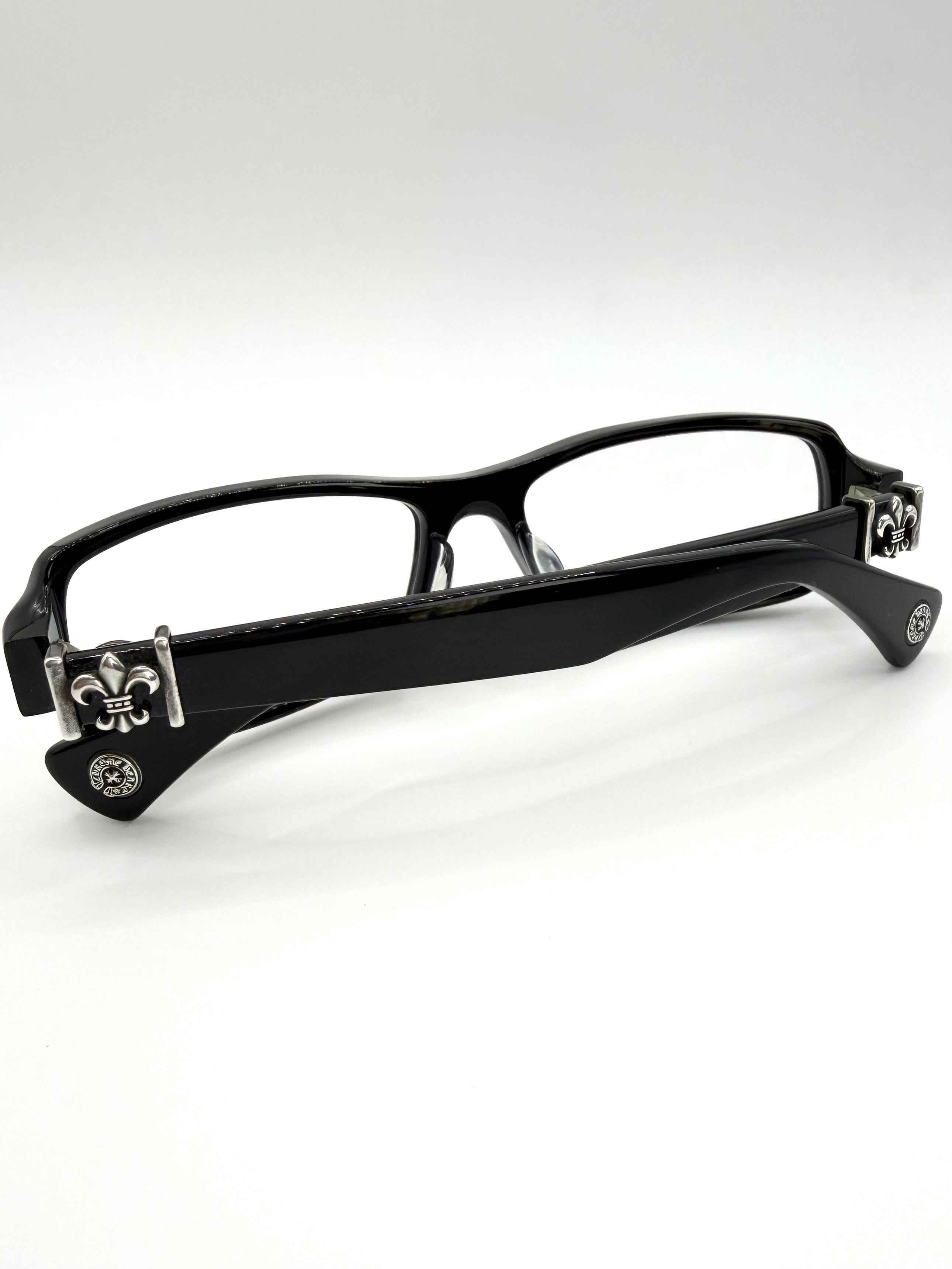 Chrome Hearts GITTIN ANY II black glasses freak showcasing the fleur and horseshoe sterling silver detail on temple.