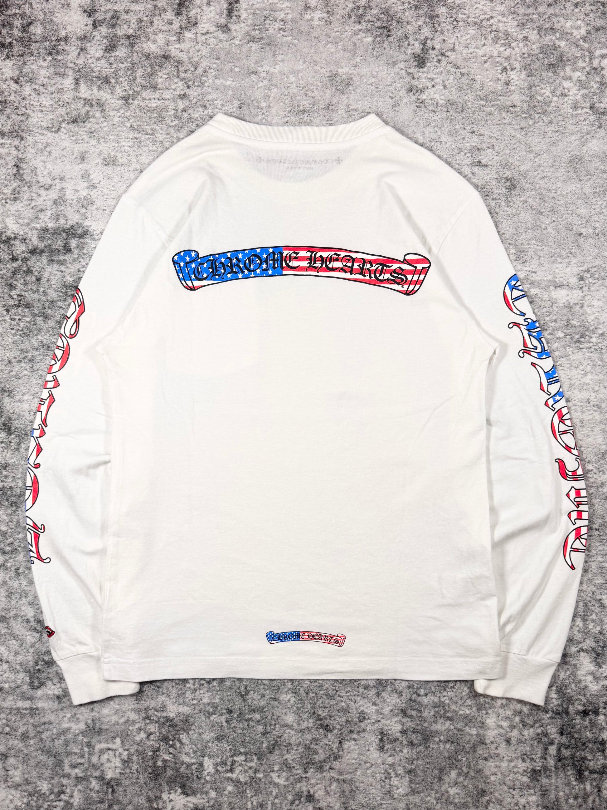 chrome hearts longsleeve in white with Matty Boy artwork inspired by the American flag throughout including the signature banner logo and gothic brand logo.
