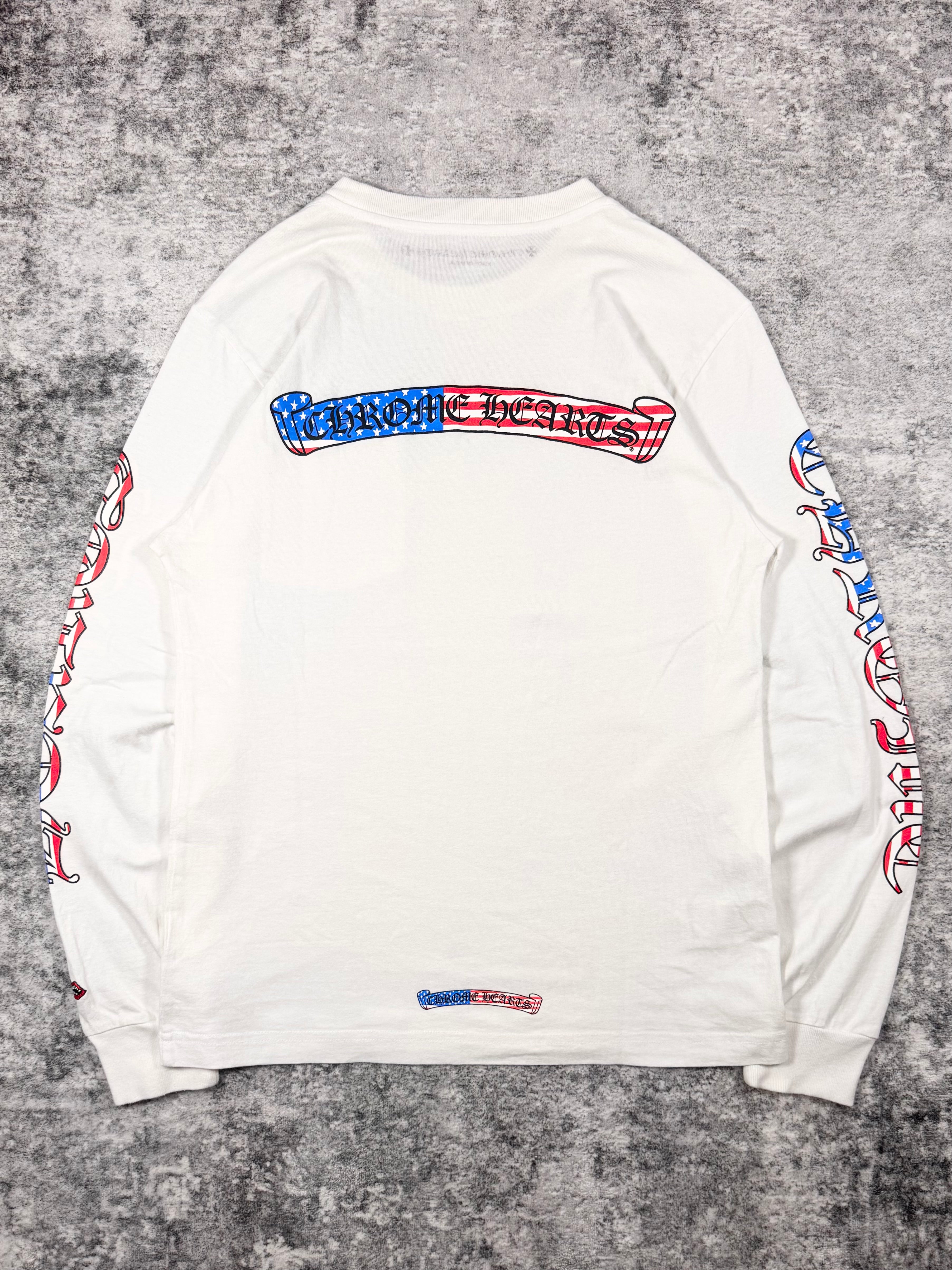 chrome hearts longsleeve in white with Matty Boy artwork inspired by the American flag throughout including the signature banner logo and gothic brand logo.