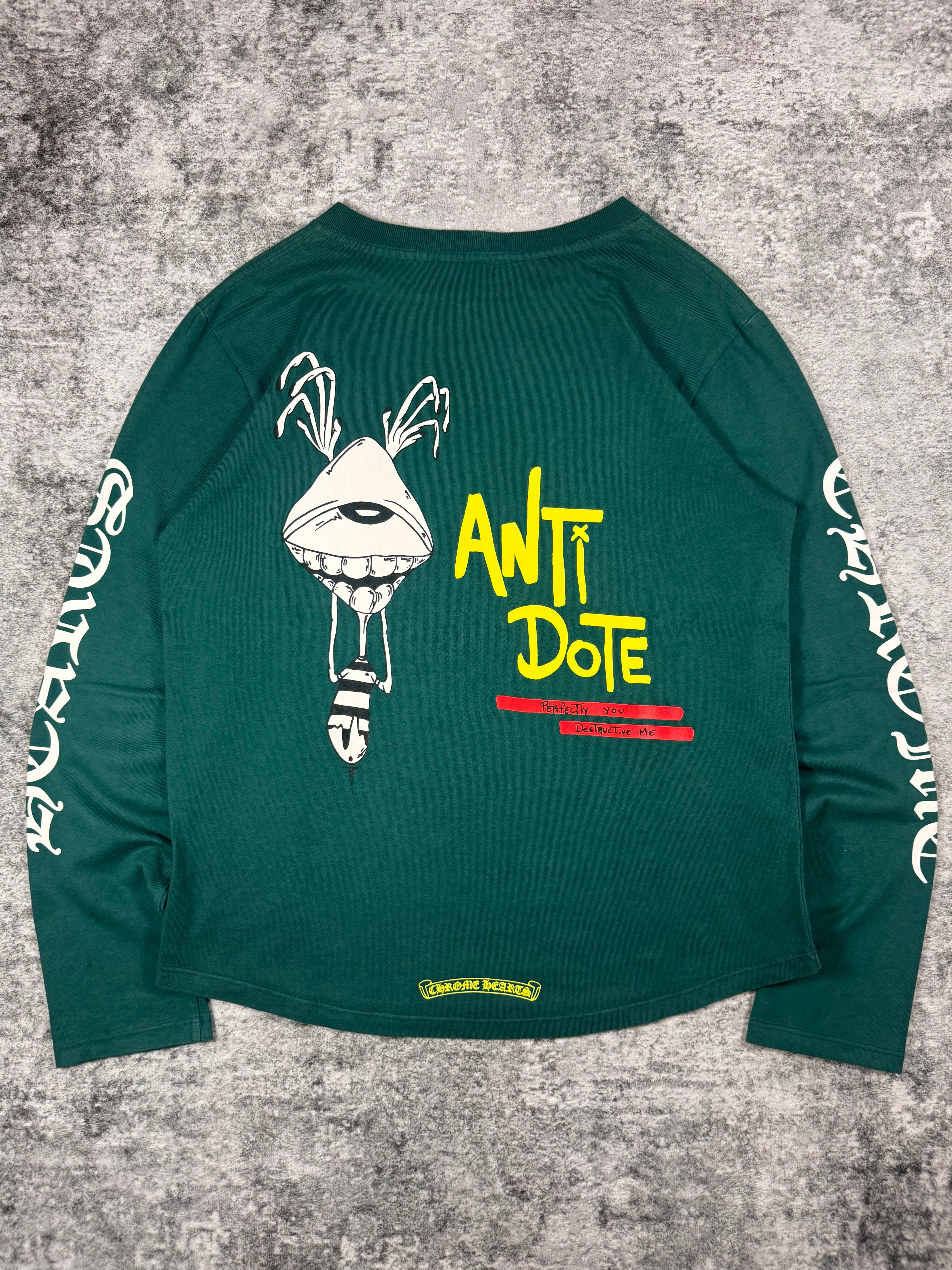 Chrome Hearts longsleeve in Teal color way with artwork by Matty Boy throughout including gothic white sleeve texts on the sleeves. 