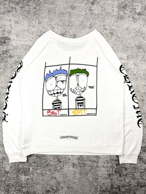 Chrome Hearts x Matty Boy “Snot Spit” white lightweight crewneck sweatshirt featuring sleeve logo prints, t bar chest graphic, and large cartoon artwork on the back.