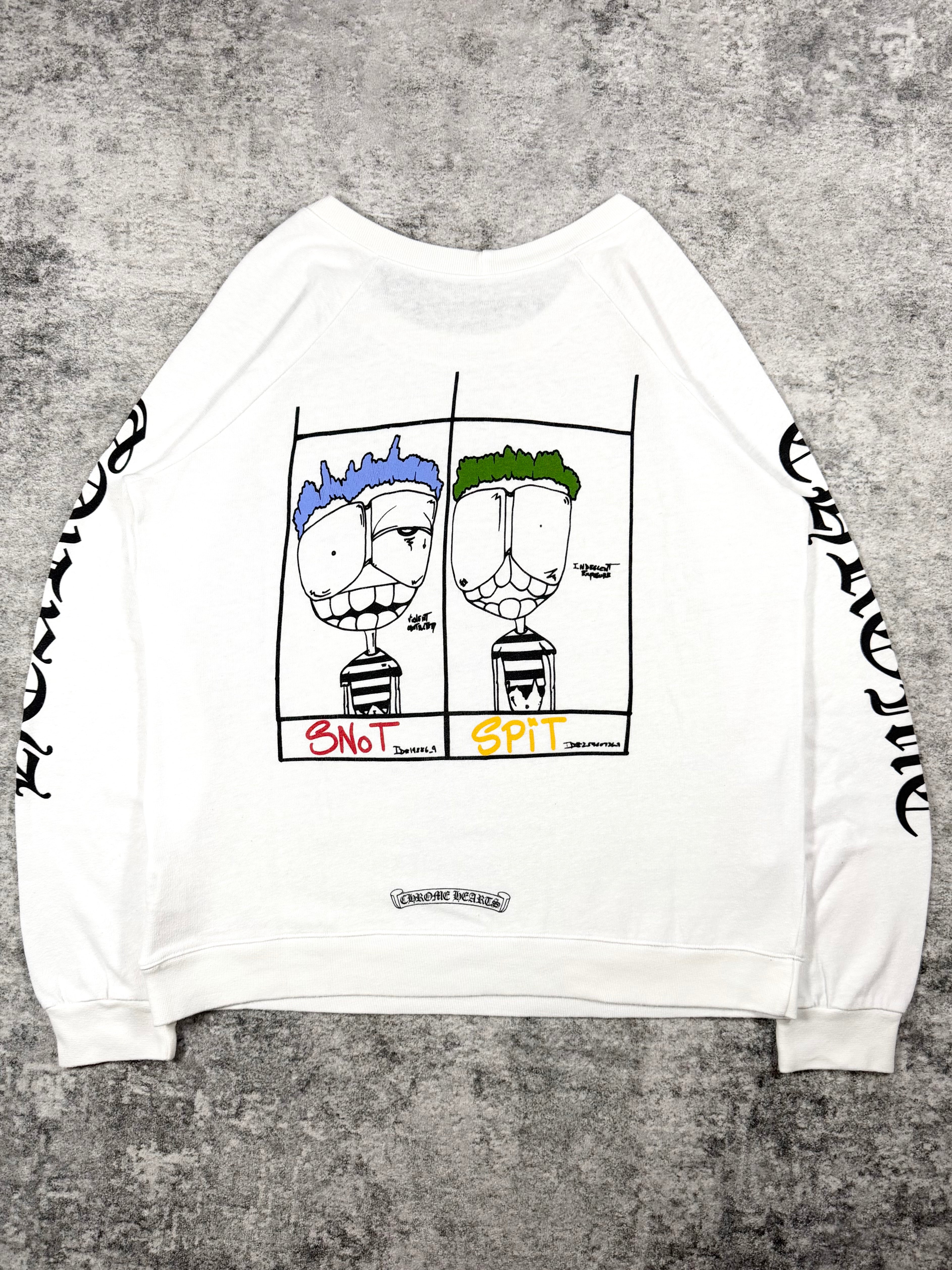 Chrome Hearts x Matty Boy “Snot Spit” white lightweight crewneck sweatshirt featuring sleeve logo prints, t bar chest graphic, and large cartoon artwork on the back.