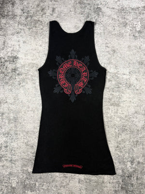Vintage Chrome Hearts black ribbed tank top with red horseshoe graphic and tonal floral-cross back design, size M.