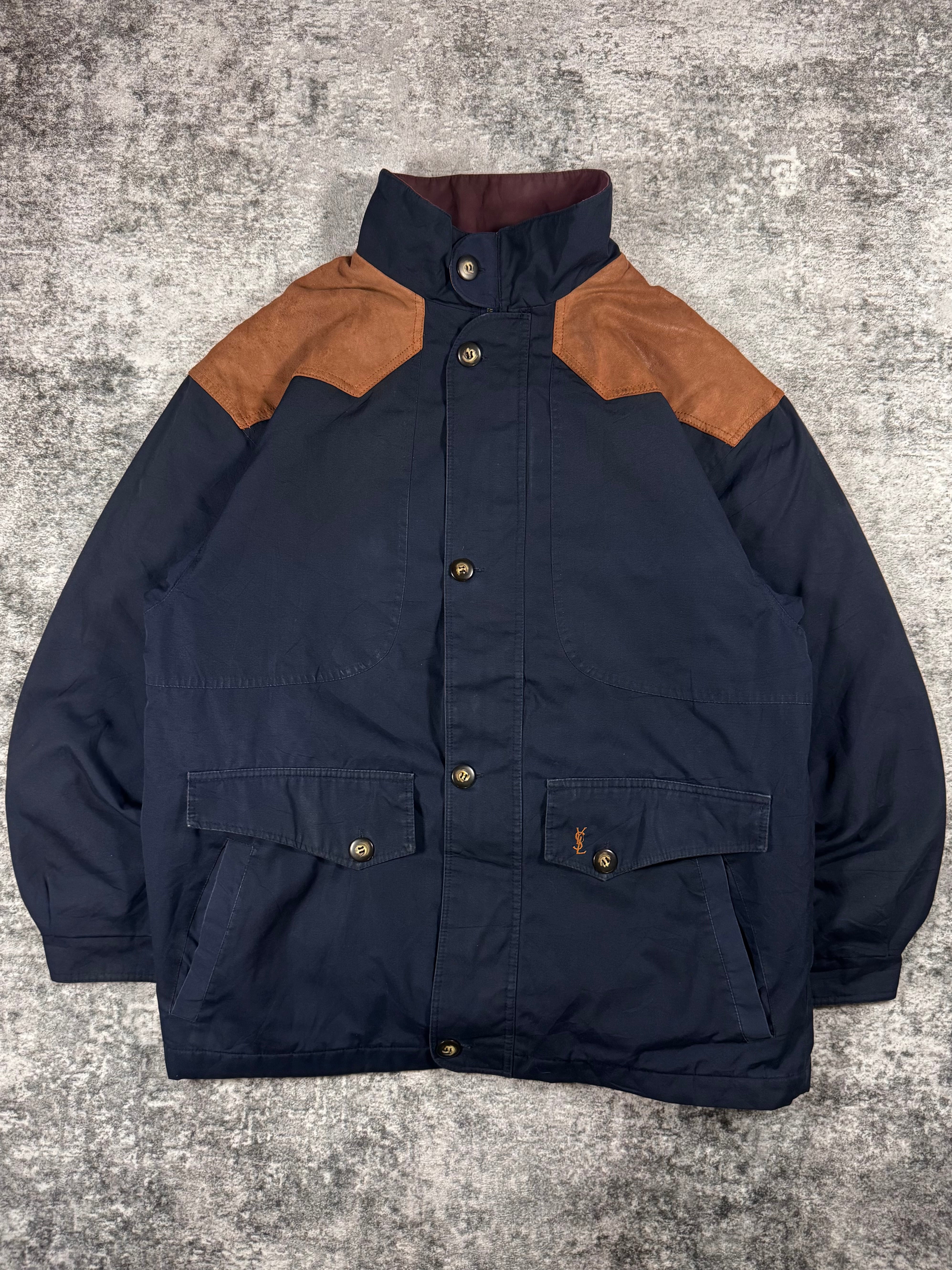 90s Yves Saint Laurent Hybrid Leather Panel Hunting Coat