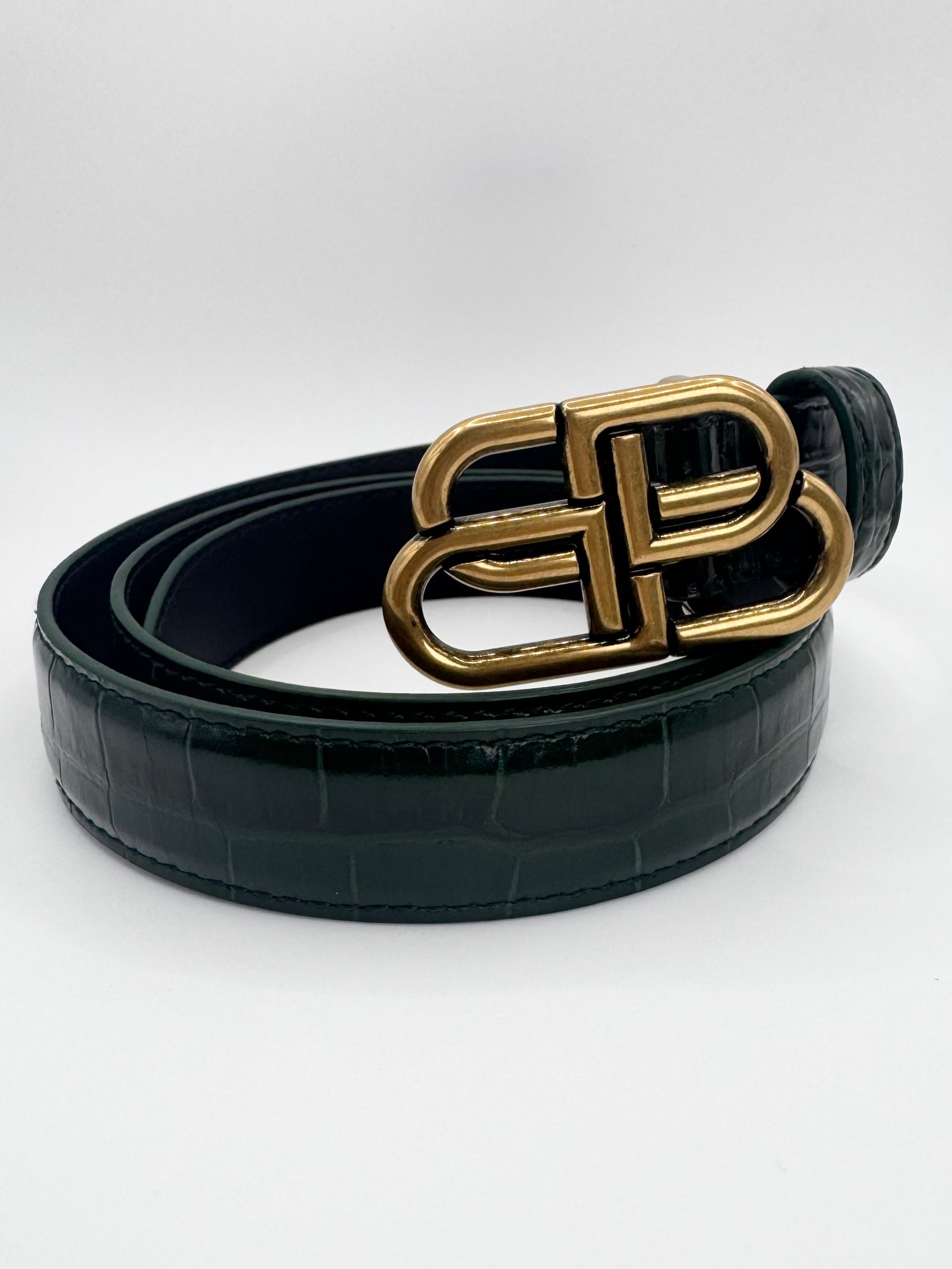 Balenciaga Green ‘BB’ Buckle Croc-Embossed Leather Belt