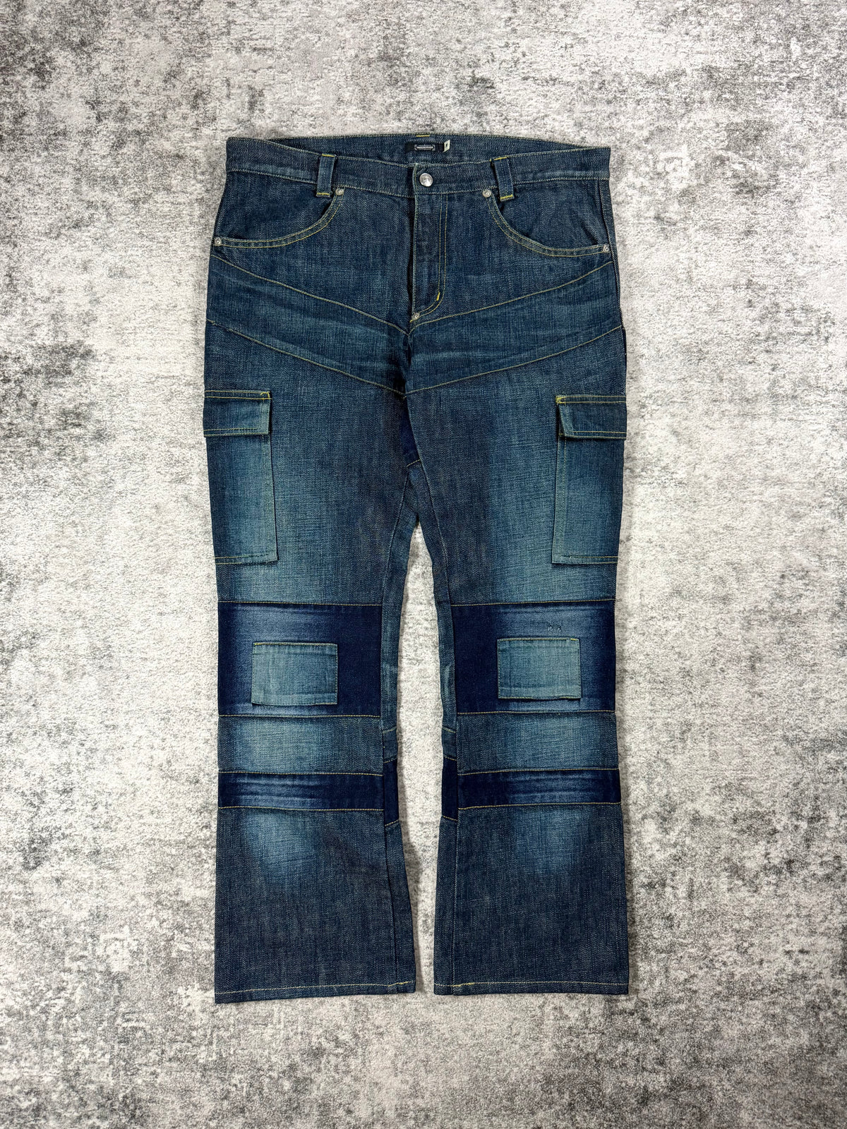 AW01 Undercover “D.A.V.F” Faded Indigo Patchwork Flare Denim