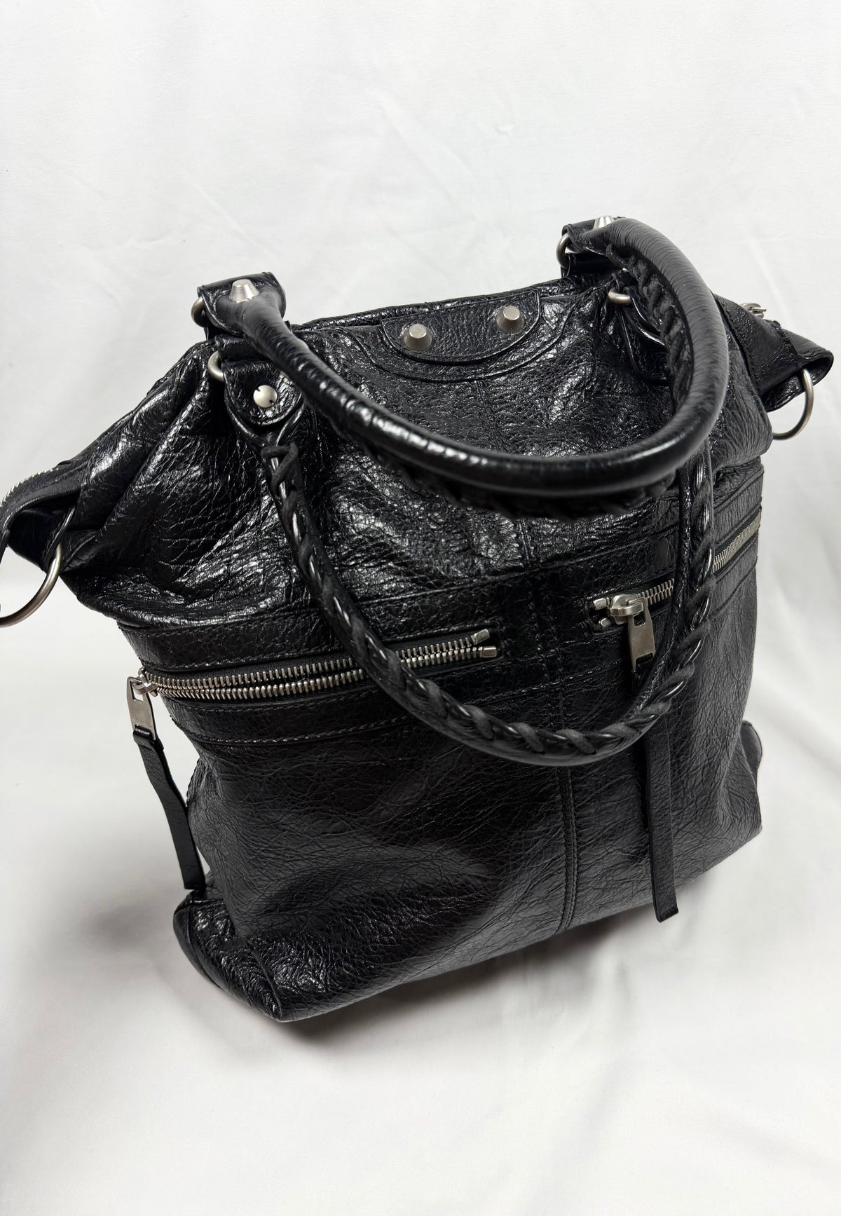 2010s Balenciaga Dual Zipper Moto Arena Black Leather Hand Bag