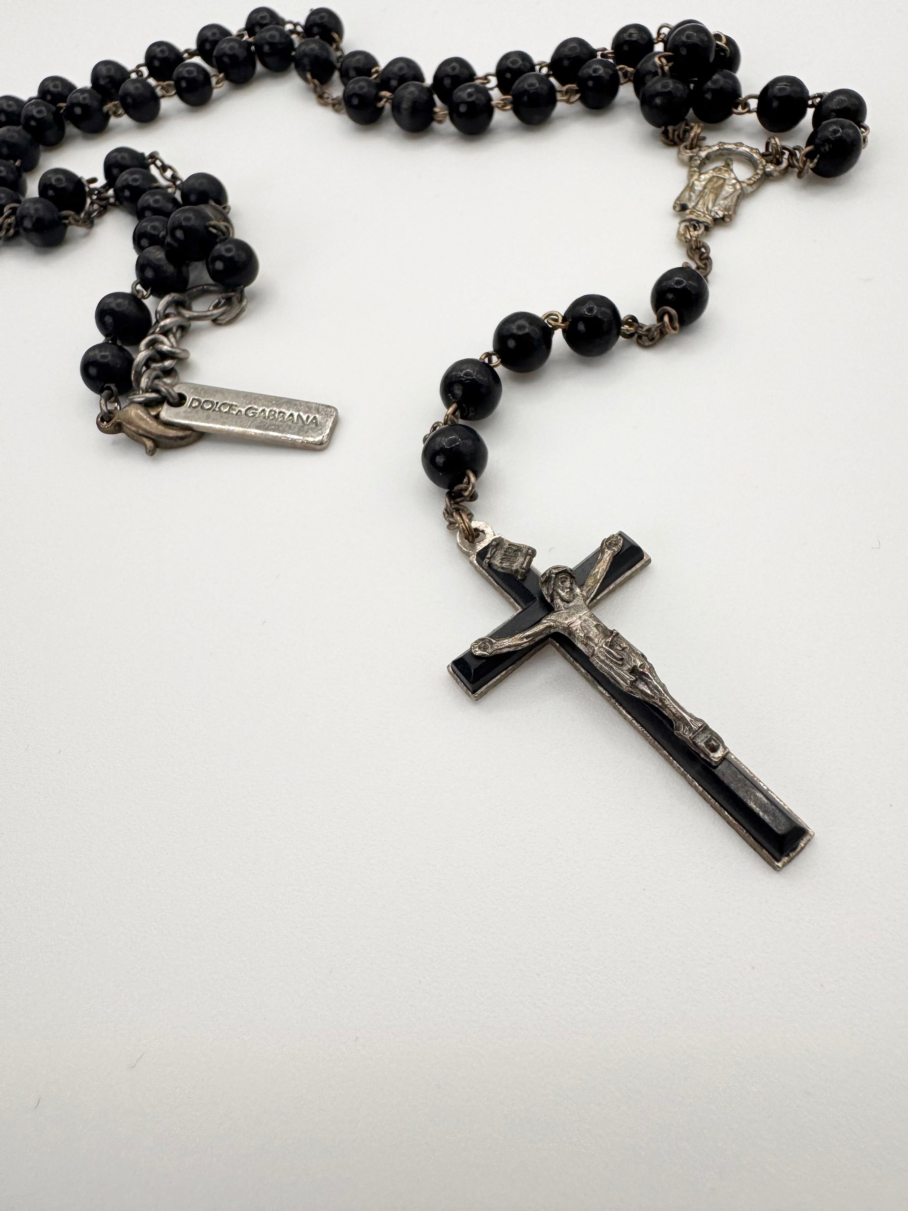 2000s Dolce & Gabbana Black Beaded Rosary Cross Necklace