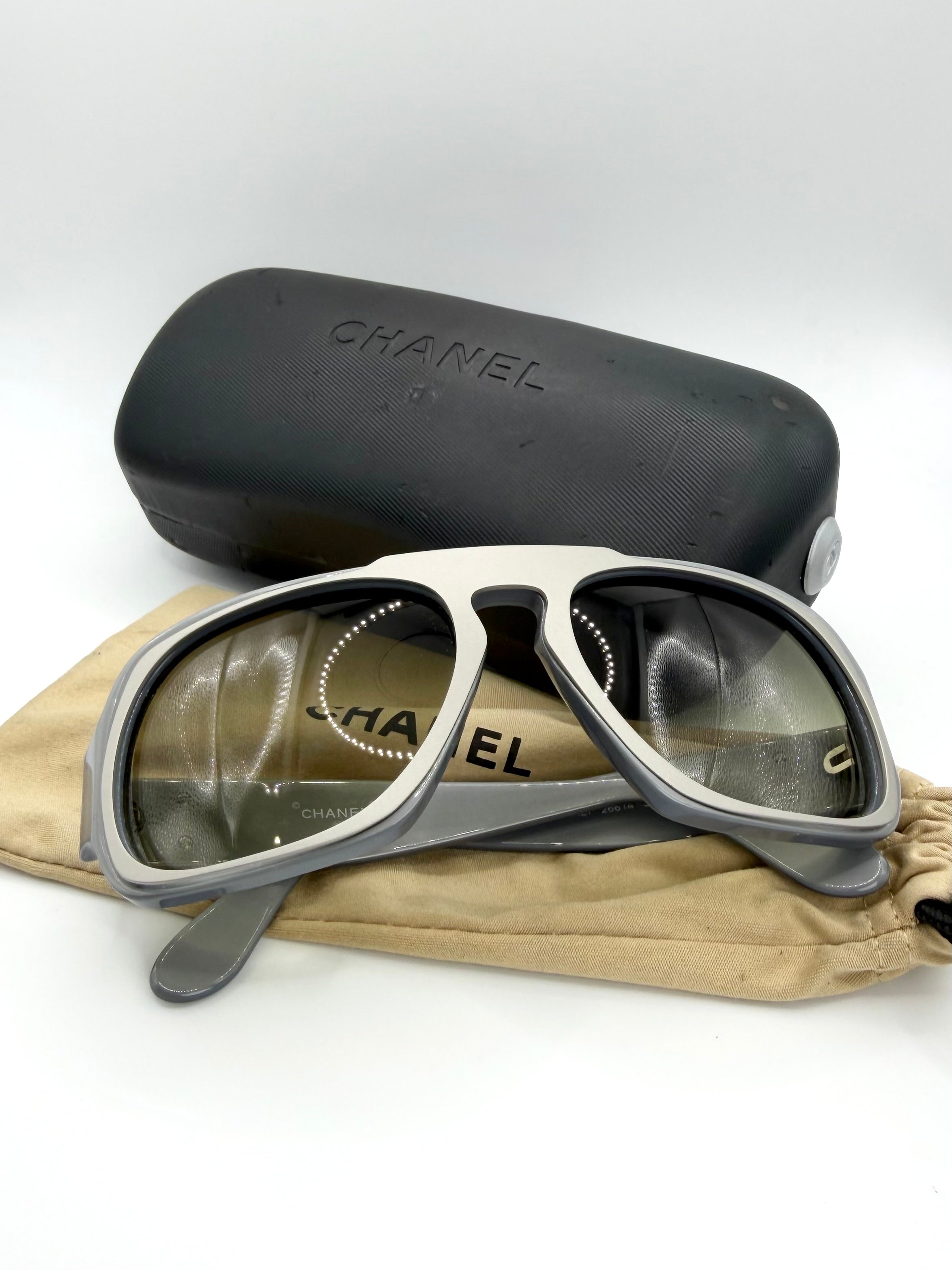 2000s Chanel ‘26614’ Grey CC Overlay Shield Sunglasses