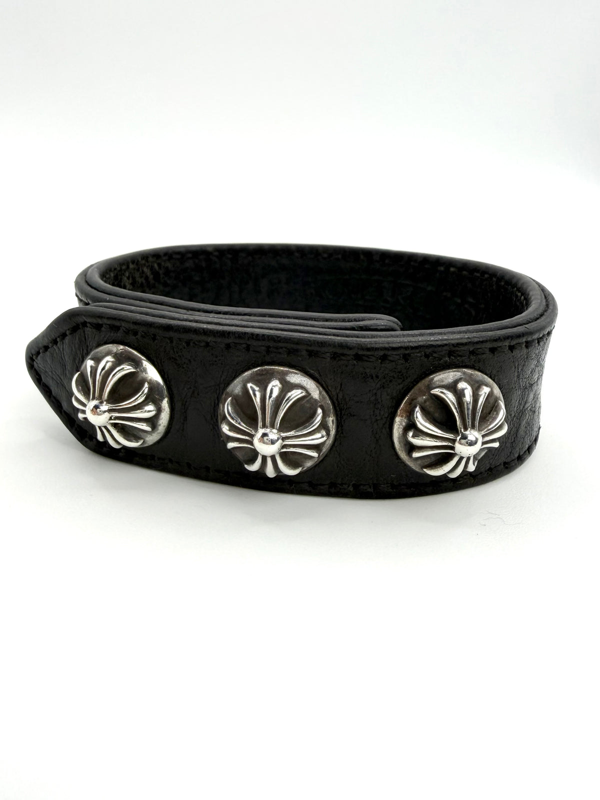 Chrome Hearts Triple Crossball Studded Black Leather Bracelet