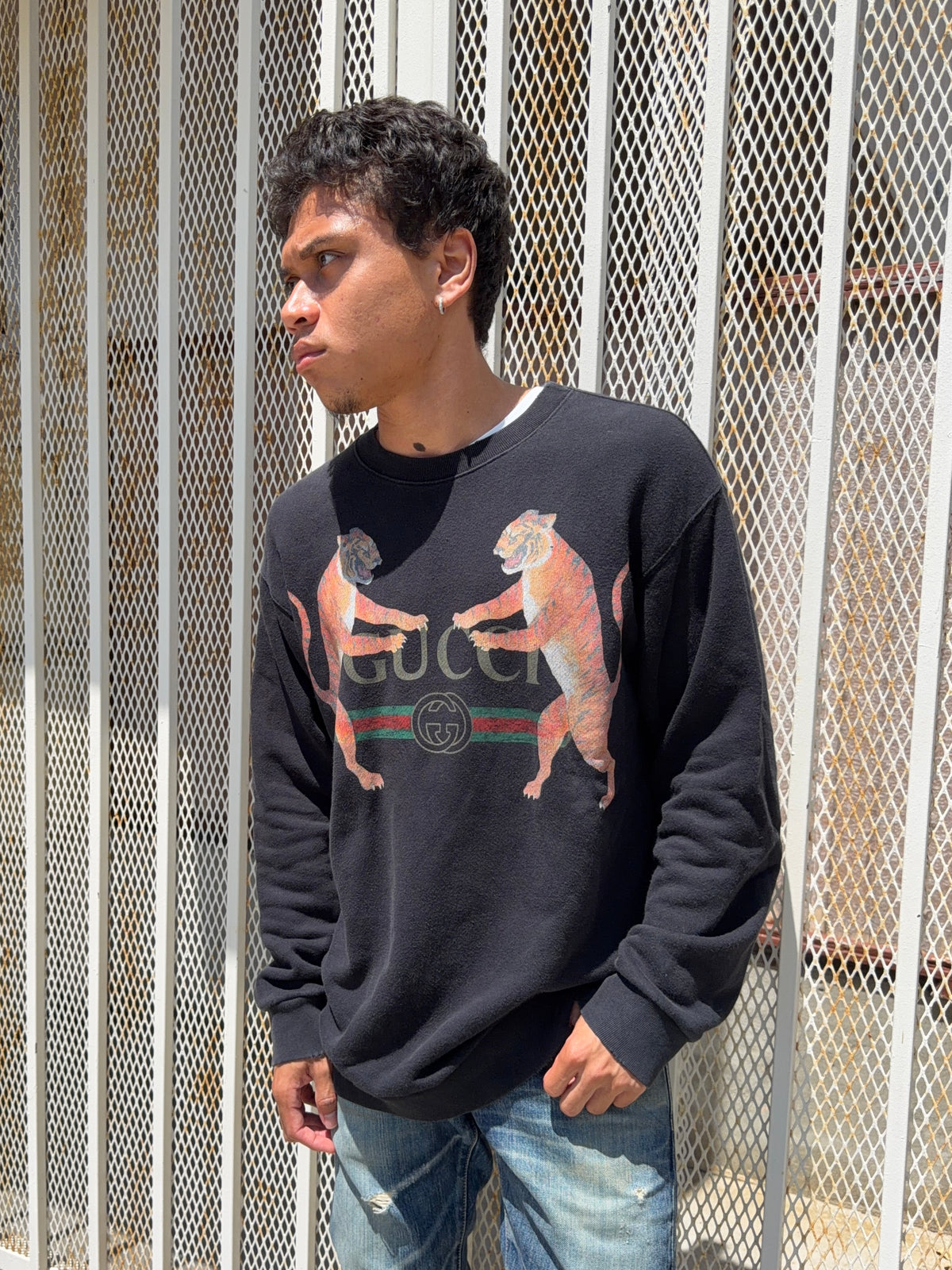 2017 Gucci ‘Dual Tiger’ Interlocking GG Web Stripe Crewneck