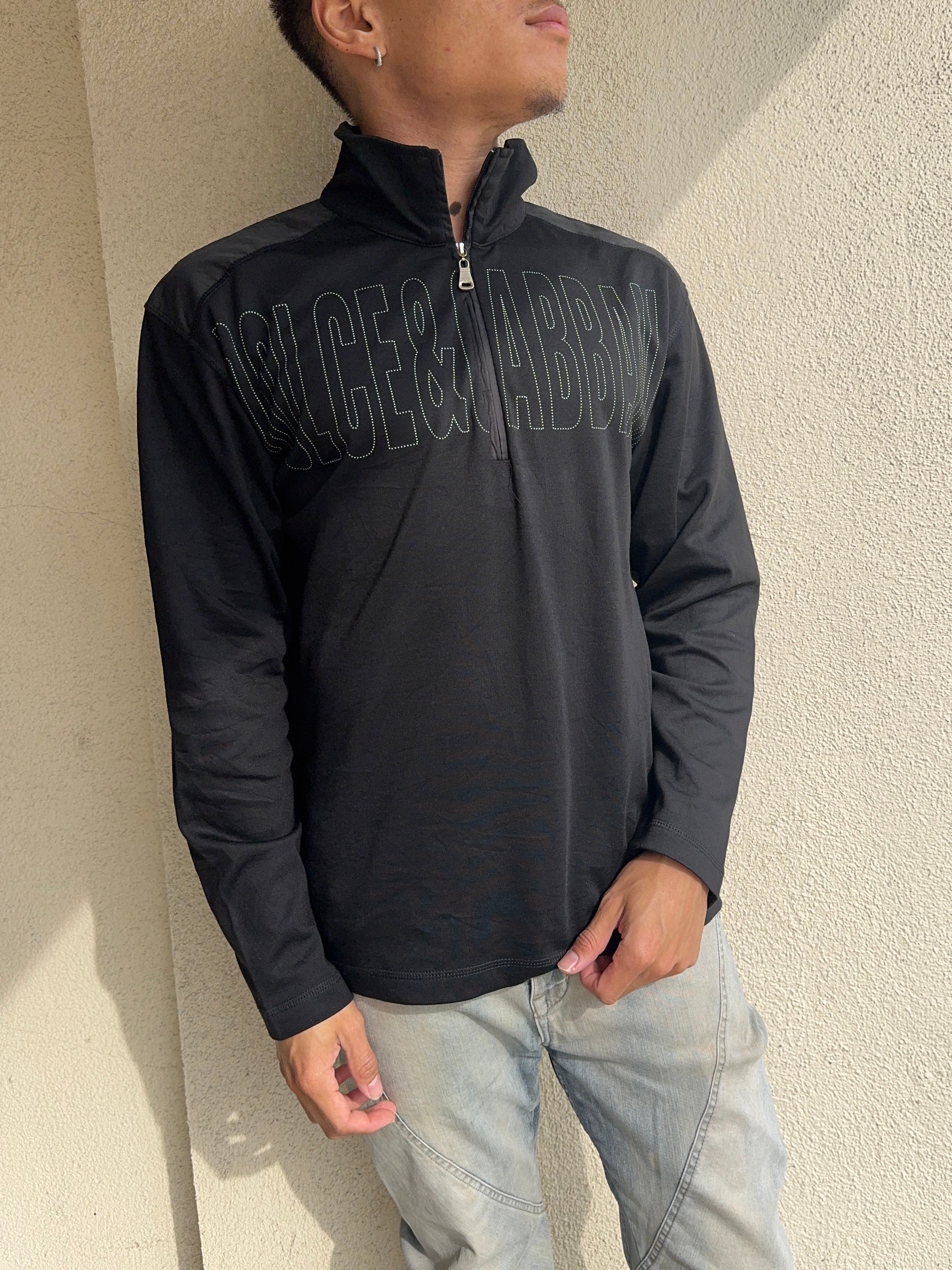 2000s Dolce & Gabbana Tonal Embroidered Logo Panel Quarter-Zip