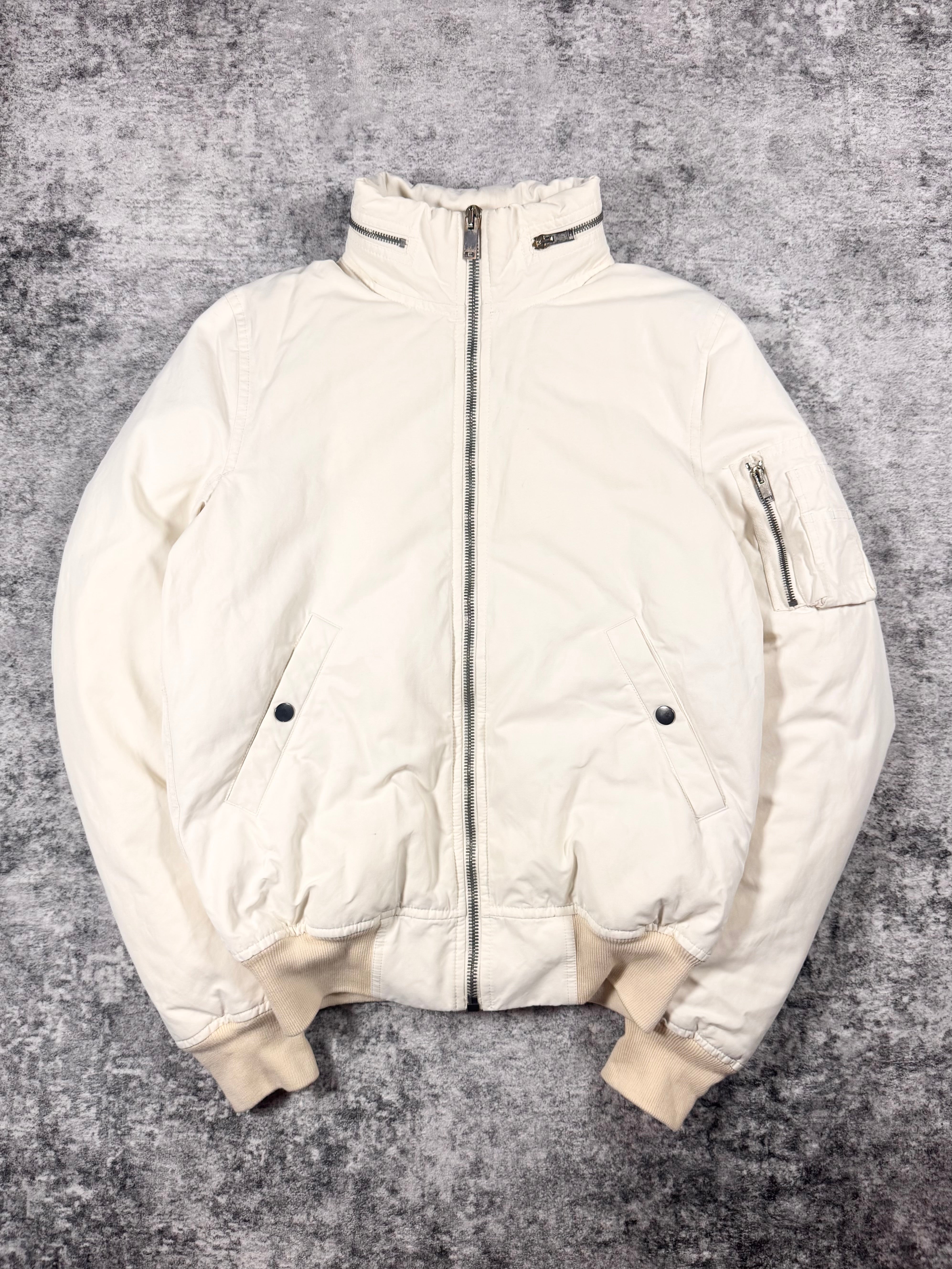 Rick Owens milk white hooded down bomber jacket with detachable hood and sleeve utility pocket.