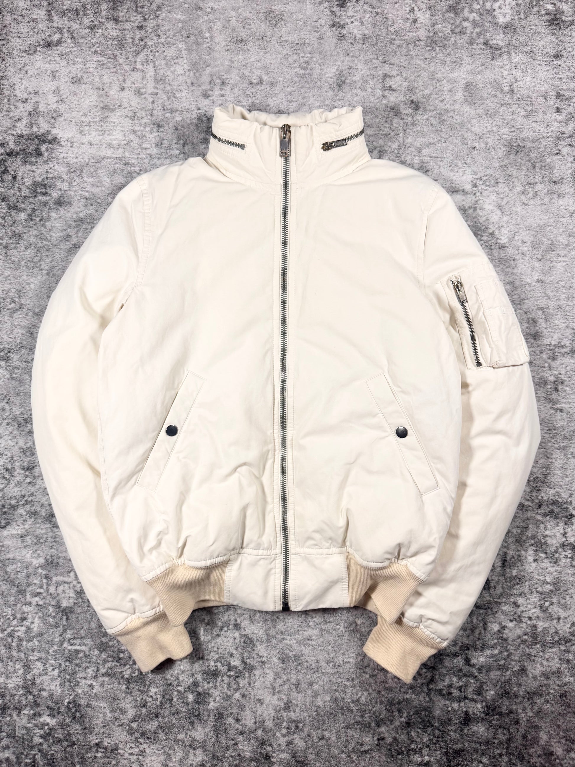 Rick Owens milk white hooded down bomber jacket with detachable hood and sleeve utility pocket.