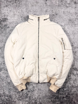 Rick Owens milk white hooded down bomber jacket with detachable hood and sleeve utility pocket.