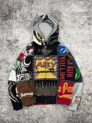 FW25 Number (N)ine x Supreme patchwork zip-up hoodie featuring reconstructed multi-panel graphic fleece construction with assorted logos, skull motifs, typography prints, contrast stitched trim, full zip closure, and hood.