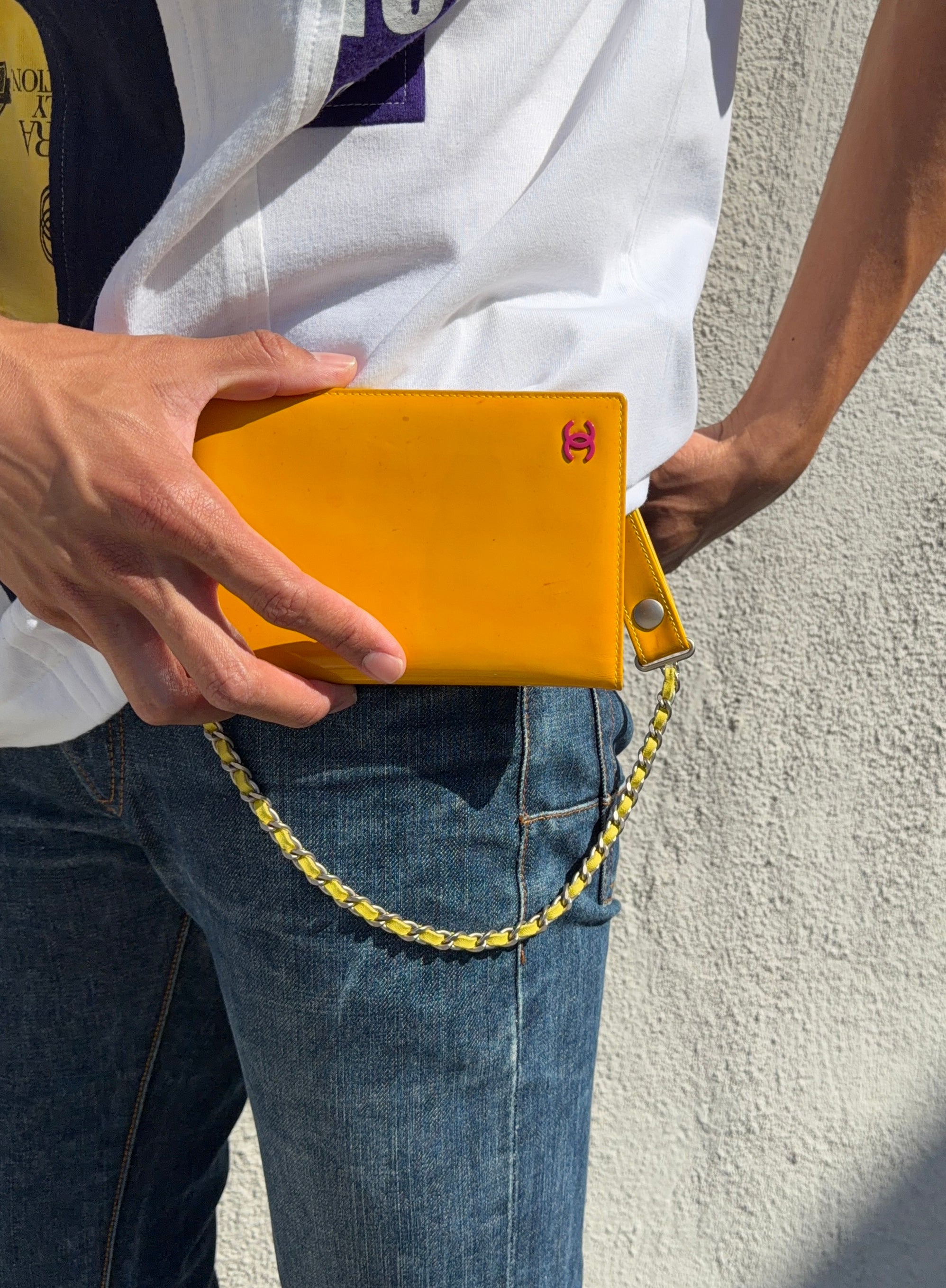2000s Chanel ‘CC’ Yellow Patent Leather Chain Strap Wallet