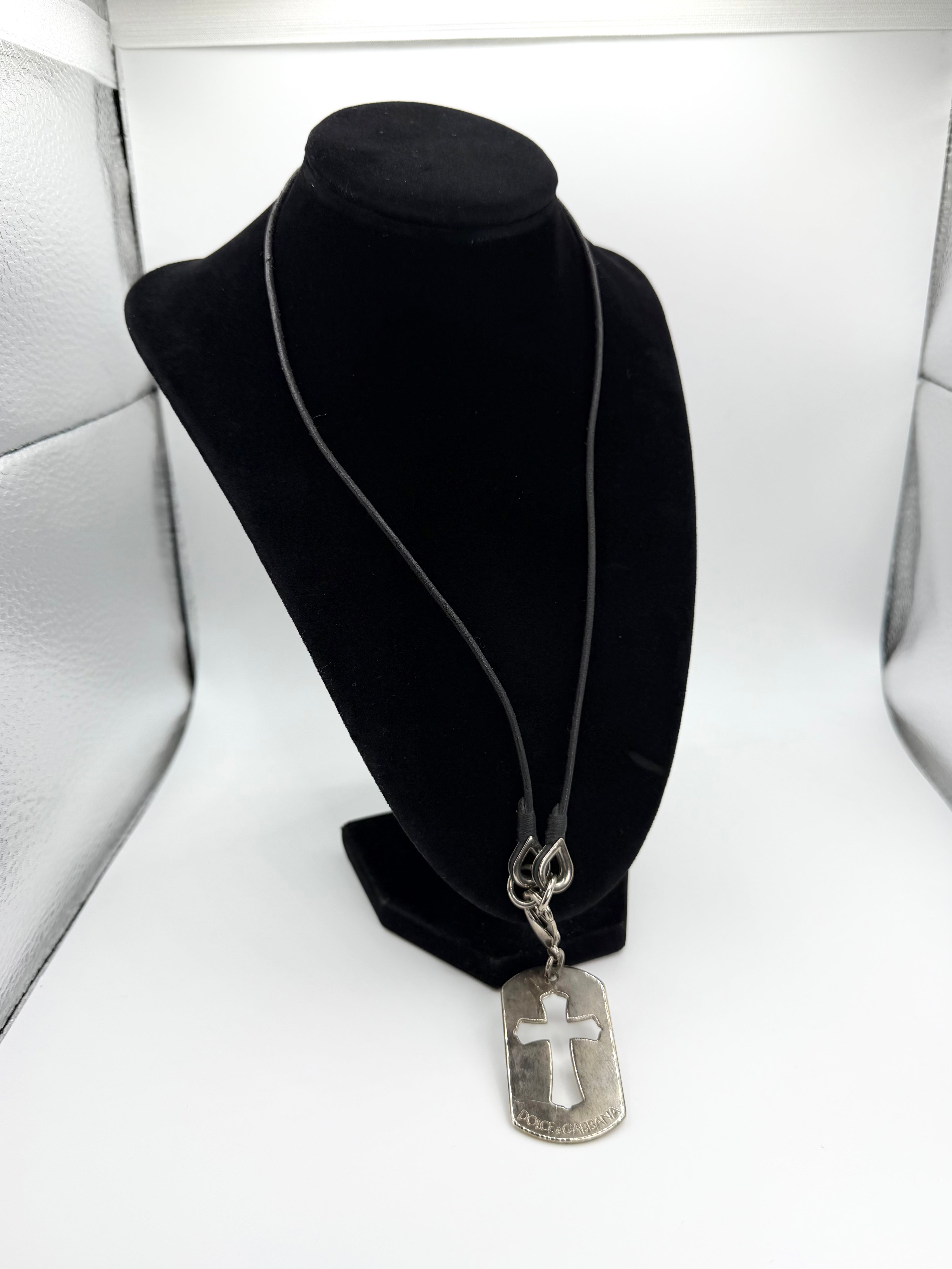 2000s Dolce & Gabbana ‘Cut-Out Cross’ Dog Tag Leather Cord Necklace