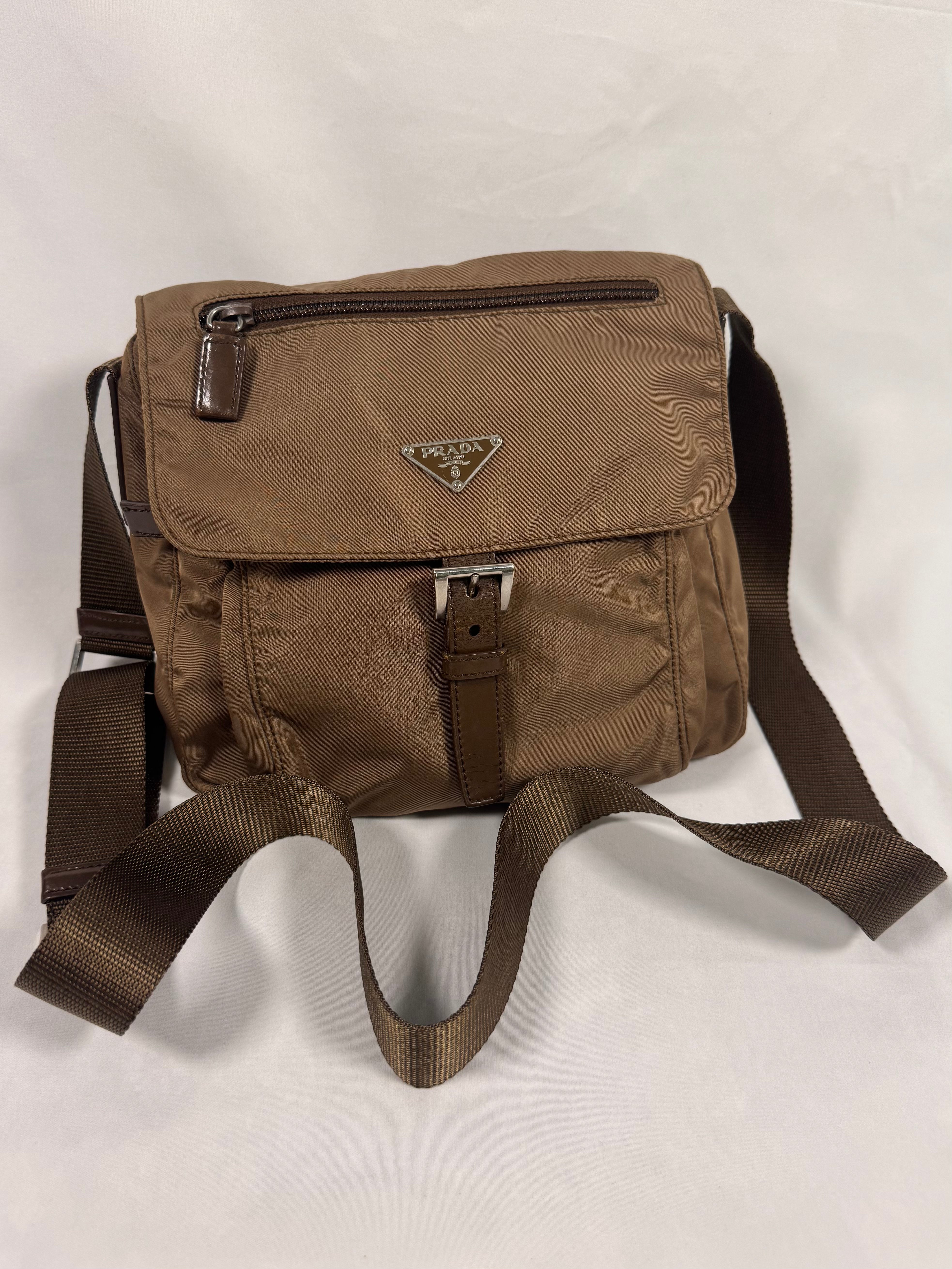 2000s Prada Milano Ash Brown Nylon Crossbody Bag