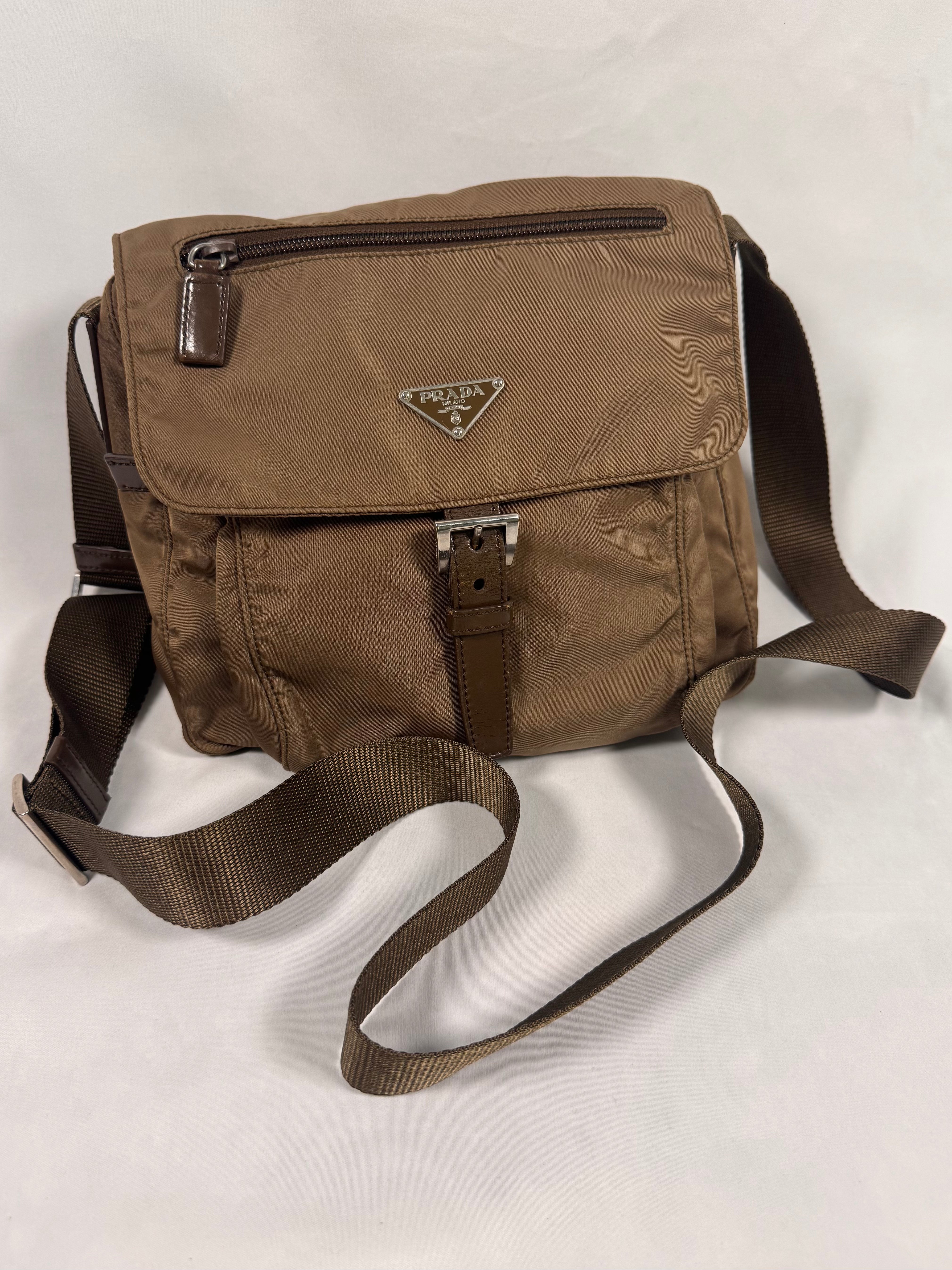2000s Prada Milano Ash Brown Nylon Crossbody Bag