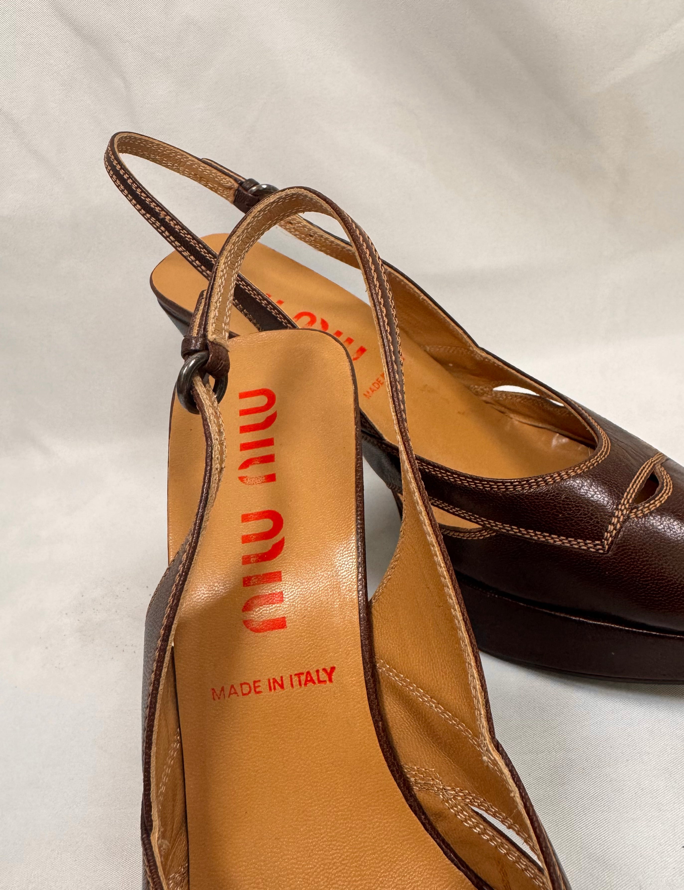 2000s Miu Miu Brown Leather Peep-Toe Slingback Pumps