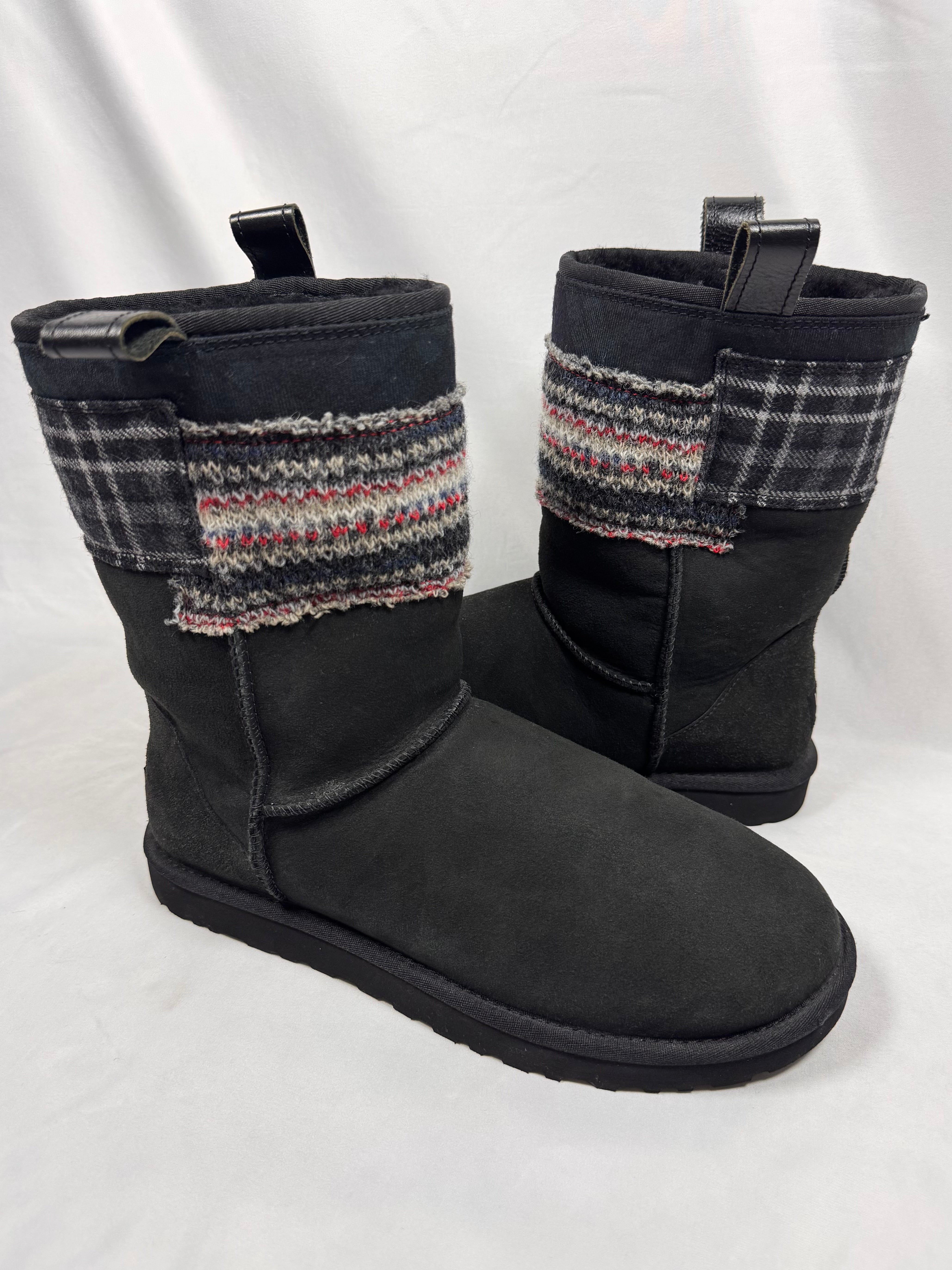 Junya Watanabe MAN eYe x UGG AW13 patchwork plaid shearling short boots with leather pull tabs and mixed textile panels on white background 