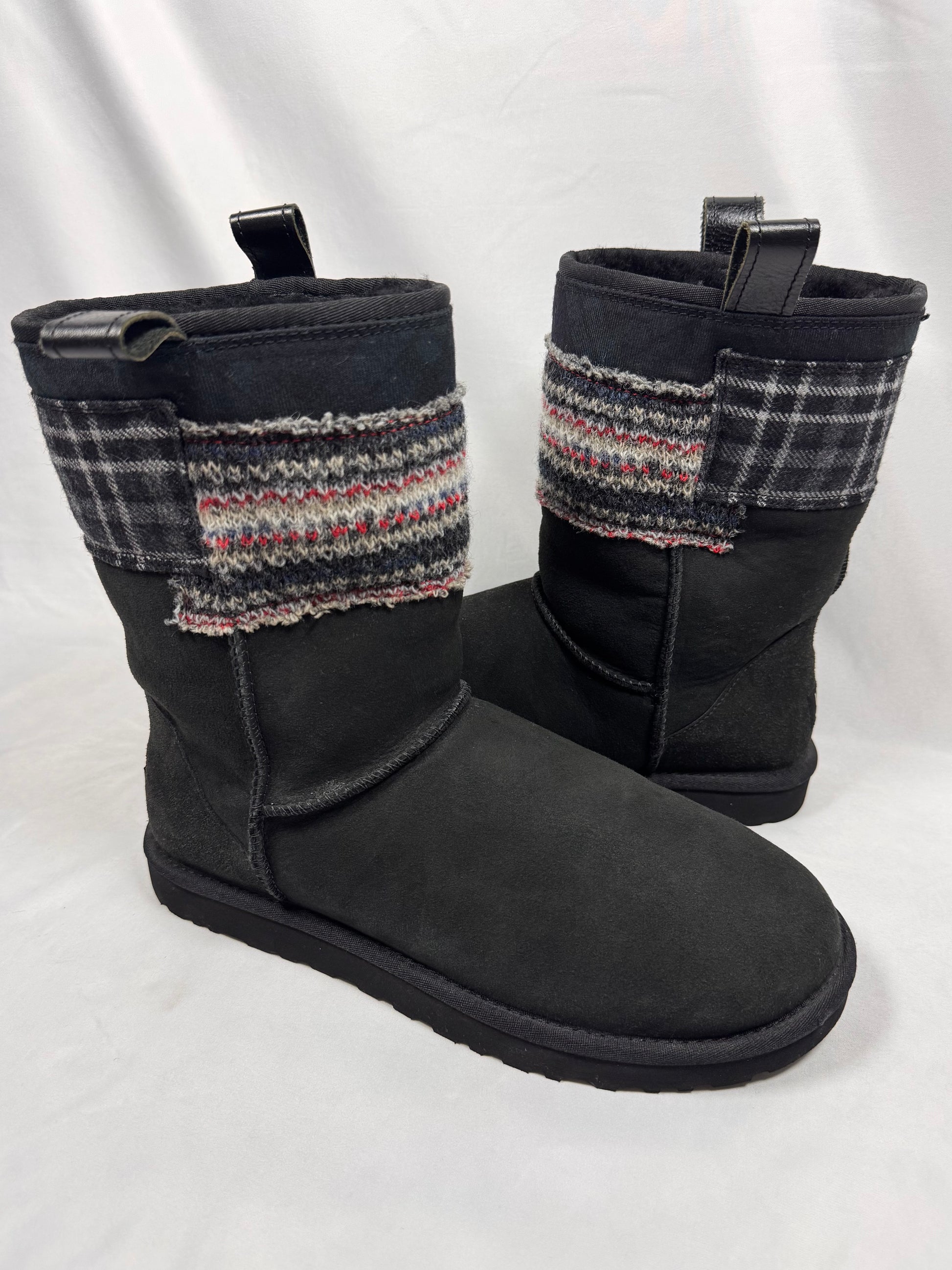 Junya Watanabe MAN eYe x UGG AW13 patchwork plaid shearling short boots with leather pull tabs and mixed textile panels on white background 