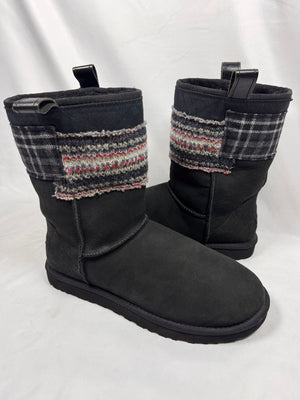 Junya Watanabe MAN eYe x UGG AW13 patchwork plaid shearling short boots with leather pull tabs and mixed textile panels on white background 