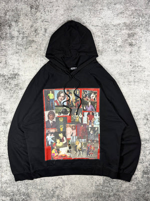 Raf Simons hoodie showcased with teenage memory portrait patchwork design as the front graphic on a black cotton hoodie with frayed details